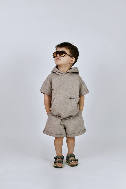 Beige Kids Unisex Hoodie and Shorts Set