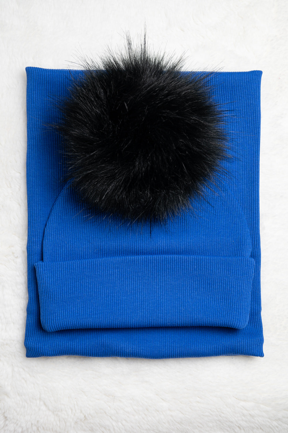 Handmade Hat and Scarf with Single Black Faux Fur Pom Pom