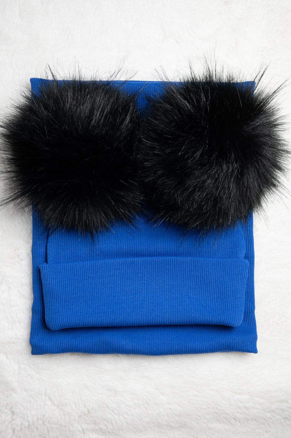 Handmade Hat and Scarf with Double Black Faux Fur Pom Pom