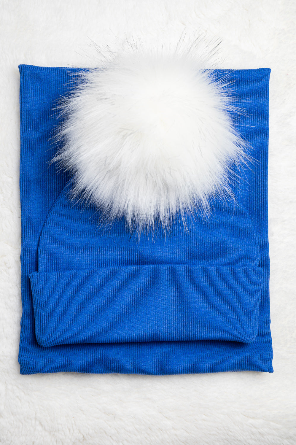 Handmade Hat and Scarf with Single White Faux Fur Pom Pom