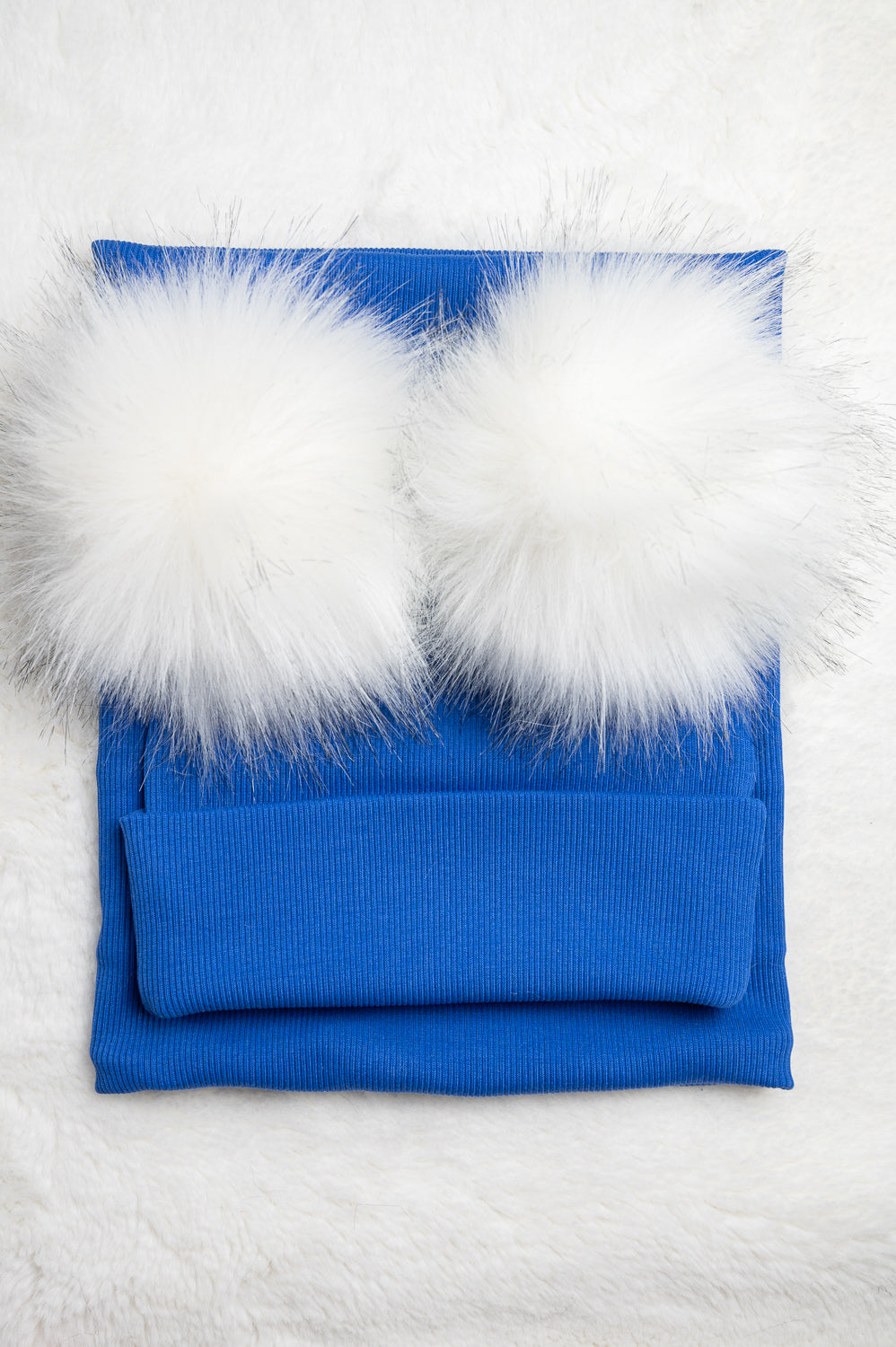 Handmade Hat and Scarf with Double Withe Faux Fur Pom Pom