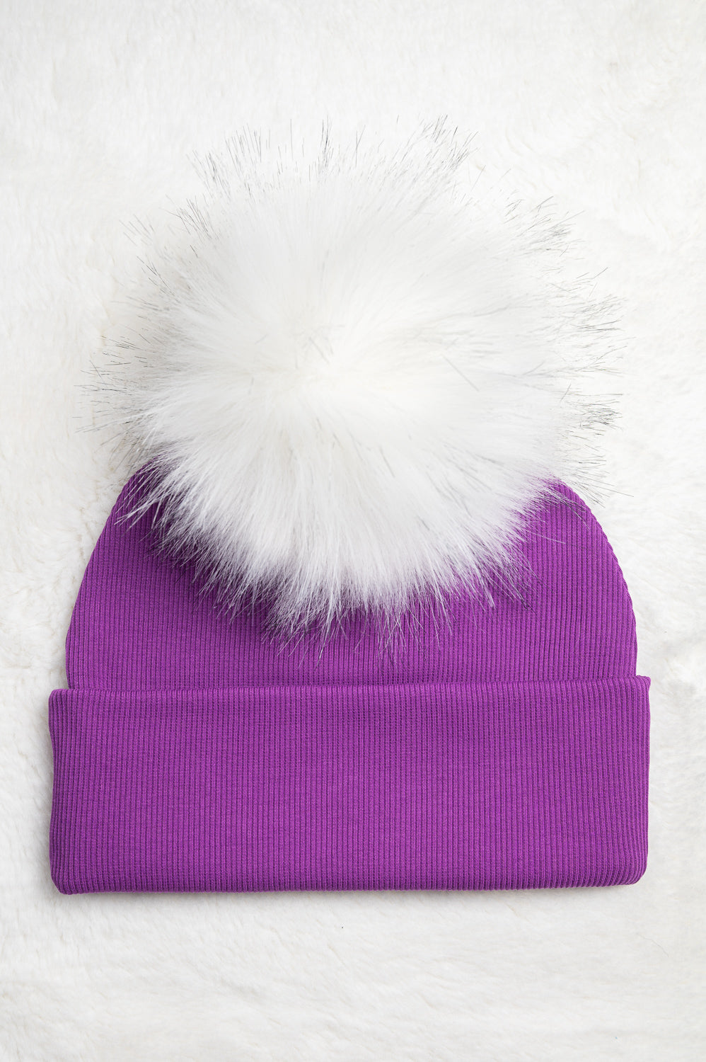 Handmade Hat with Single White Faux Fur Pom Pom