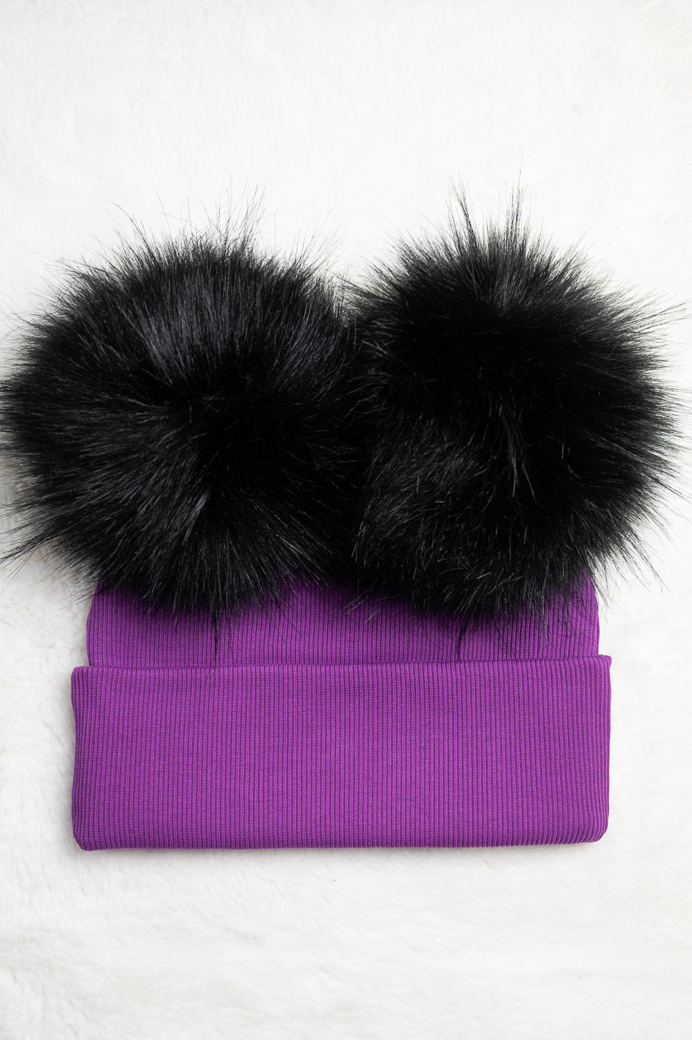 Handmade Hat with Double Black Faux Fur Pom Pom