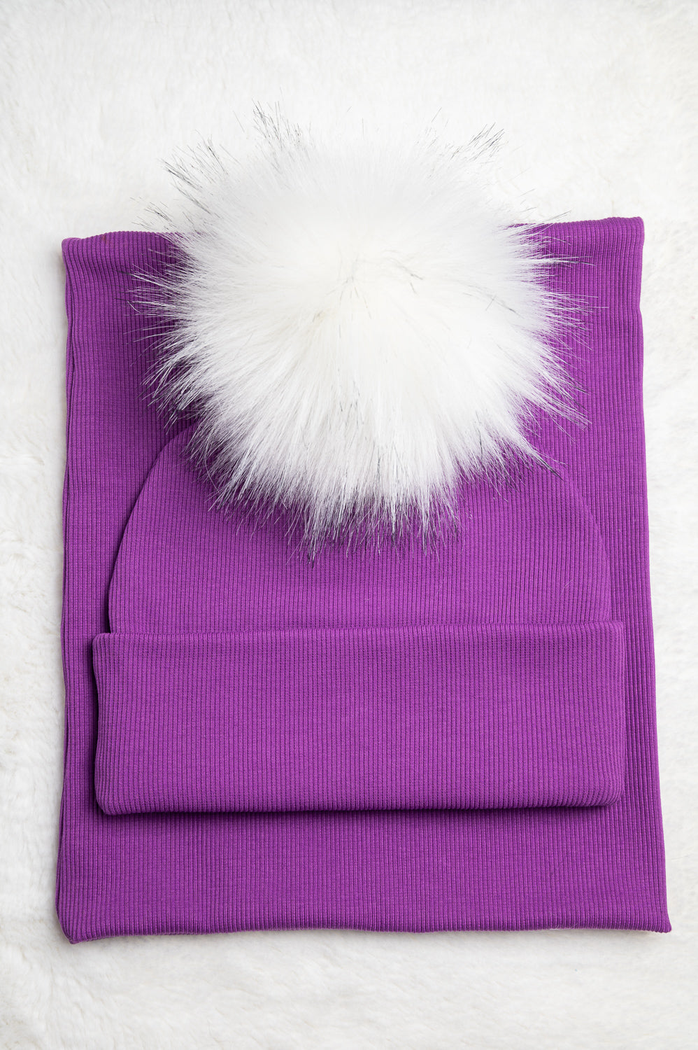 Handmade Hat and Scarf with Single White Faux Fur Pom Pom