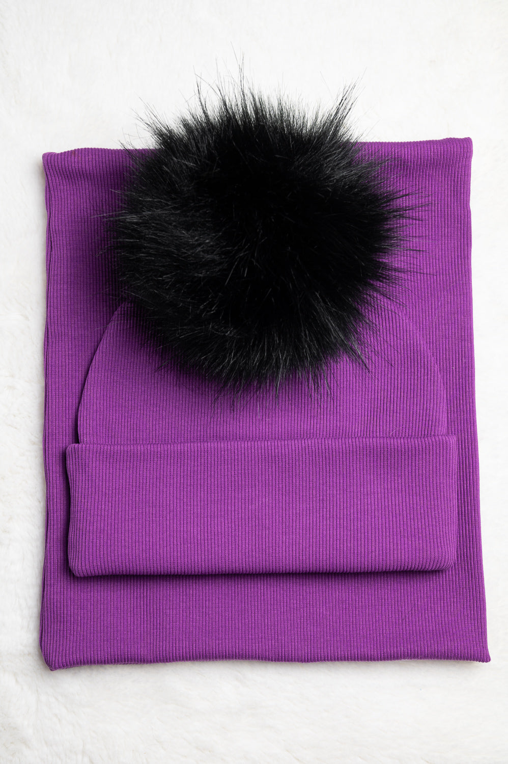 Handmade Hat and Scarf with Single Black Faux Fur Pom Pom