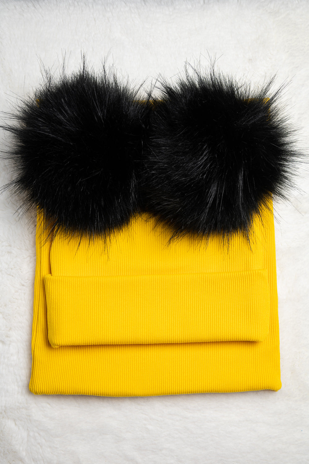 Handmade Hat and Scarf with Double Black Faux Fur Pom Pom