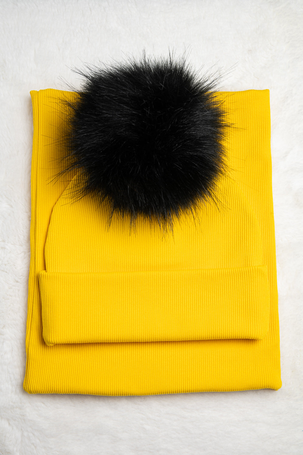 Handmade Hat and Scarf with Single Black Faux Fur Pom Pom