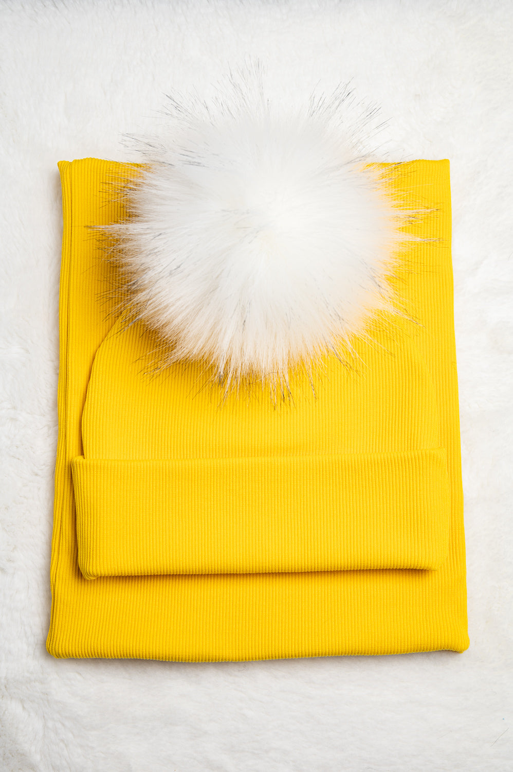 Handmade Hat and Scarf with Single White Faux Fur Pom Pom