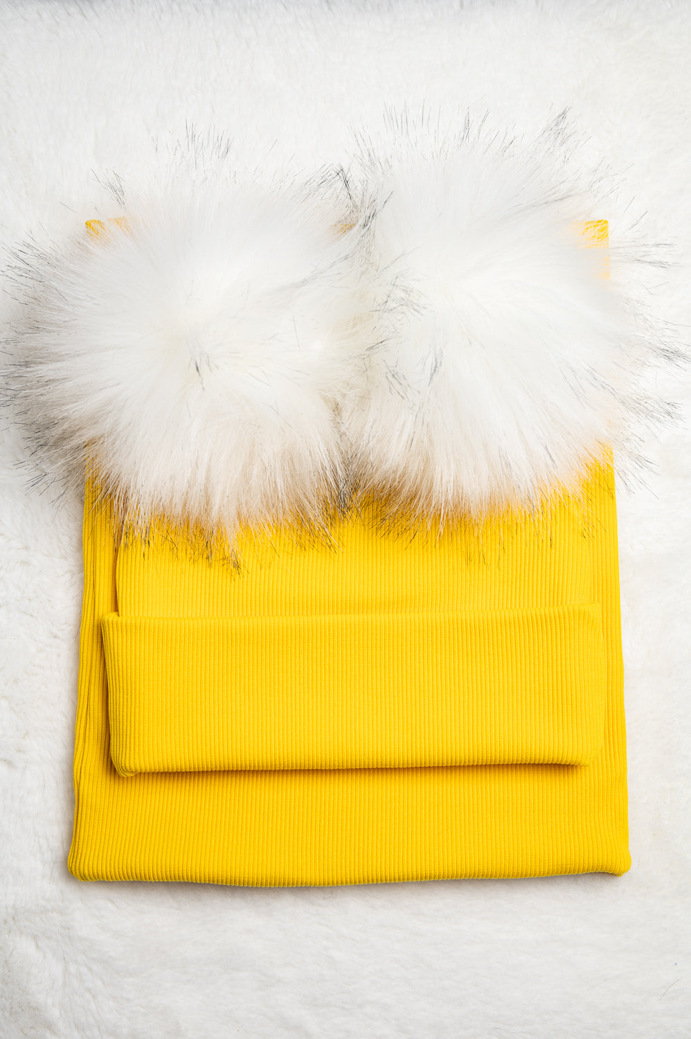 Handmade Hat and Scarf with Double Withe Faux Fur Pom Pom