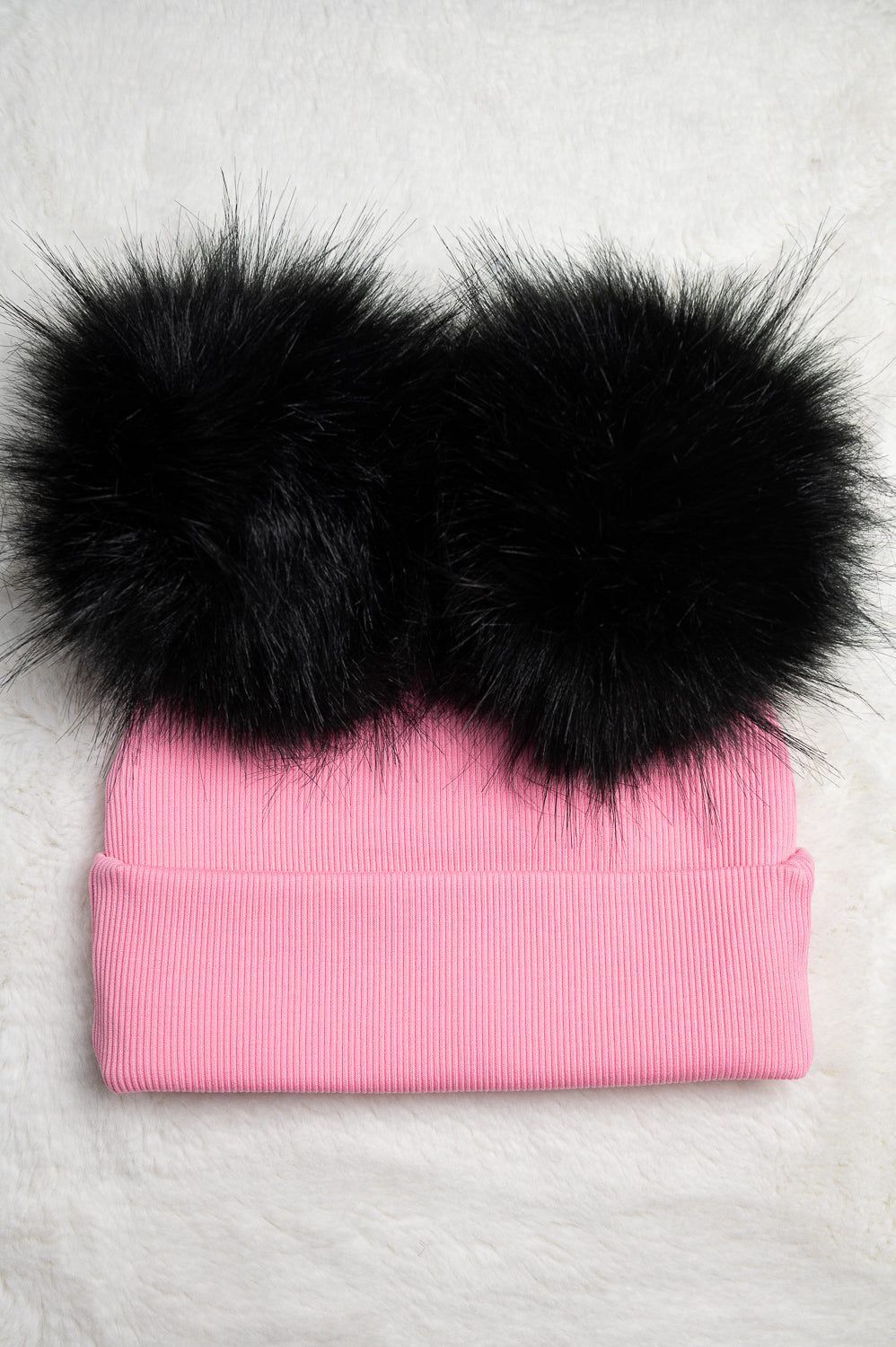 Handmade Hat with Double Black Faux Fur Pom Pom