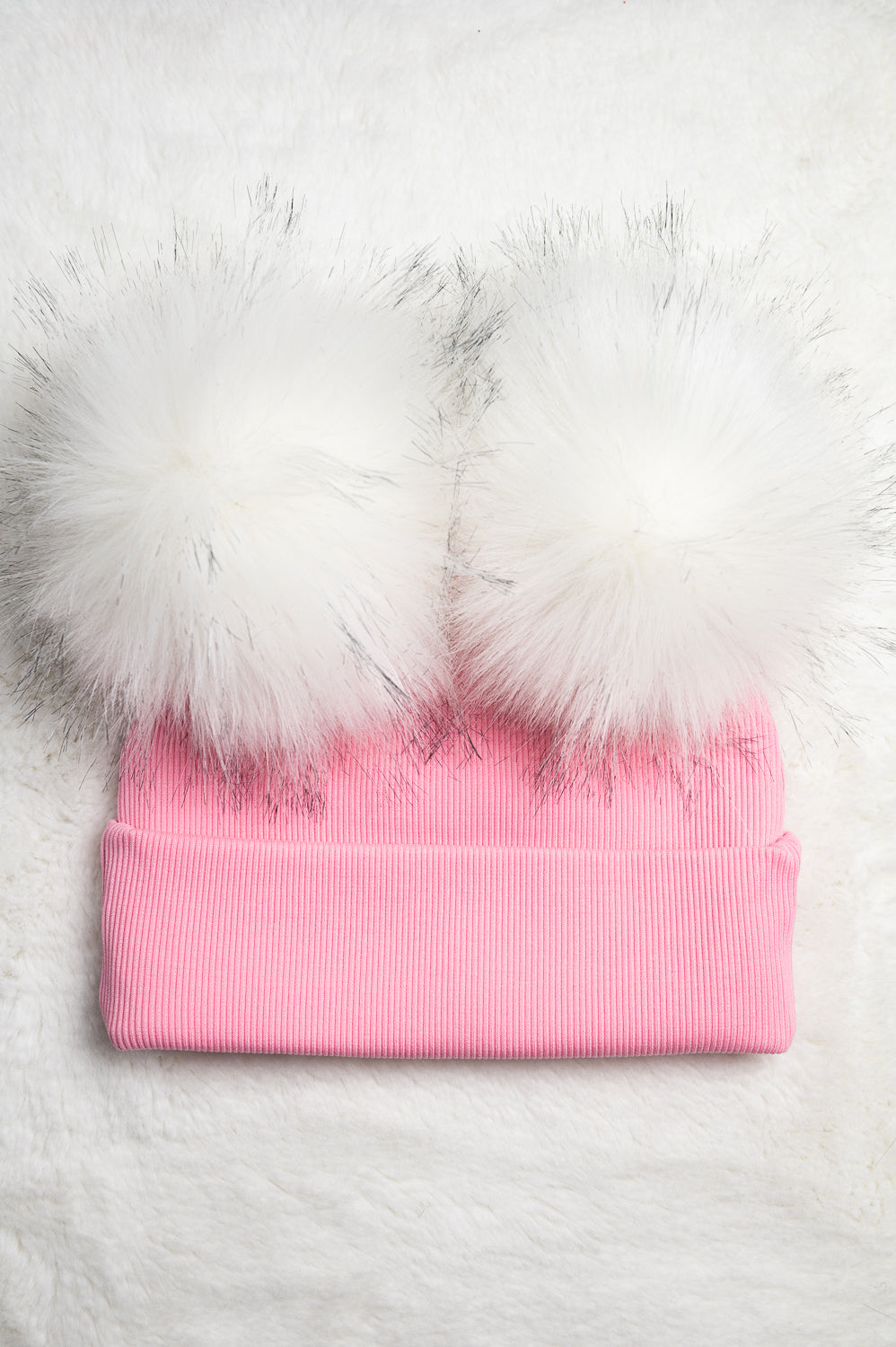 Handmade Hat with Double White Faux Fur Pom Pom