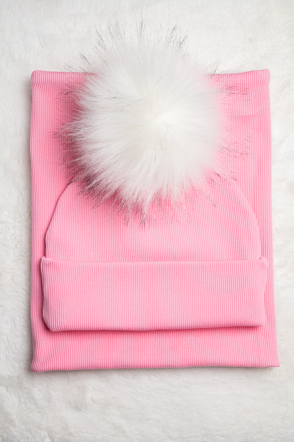 Handmade Hat and Scarf with Single White Faux Fur Pom Pom