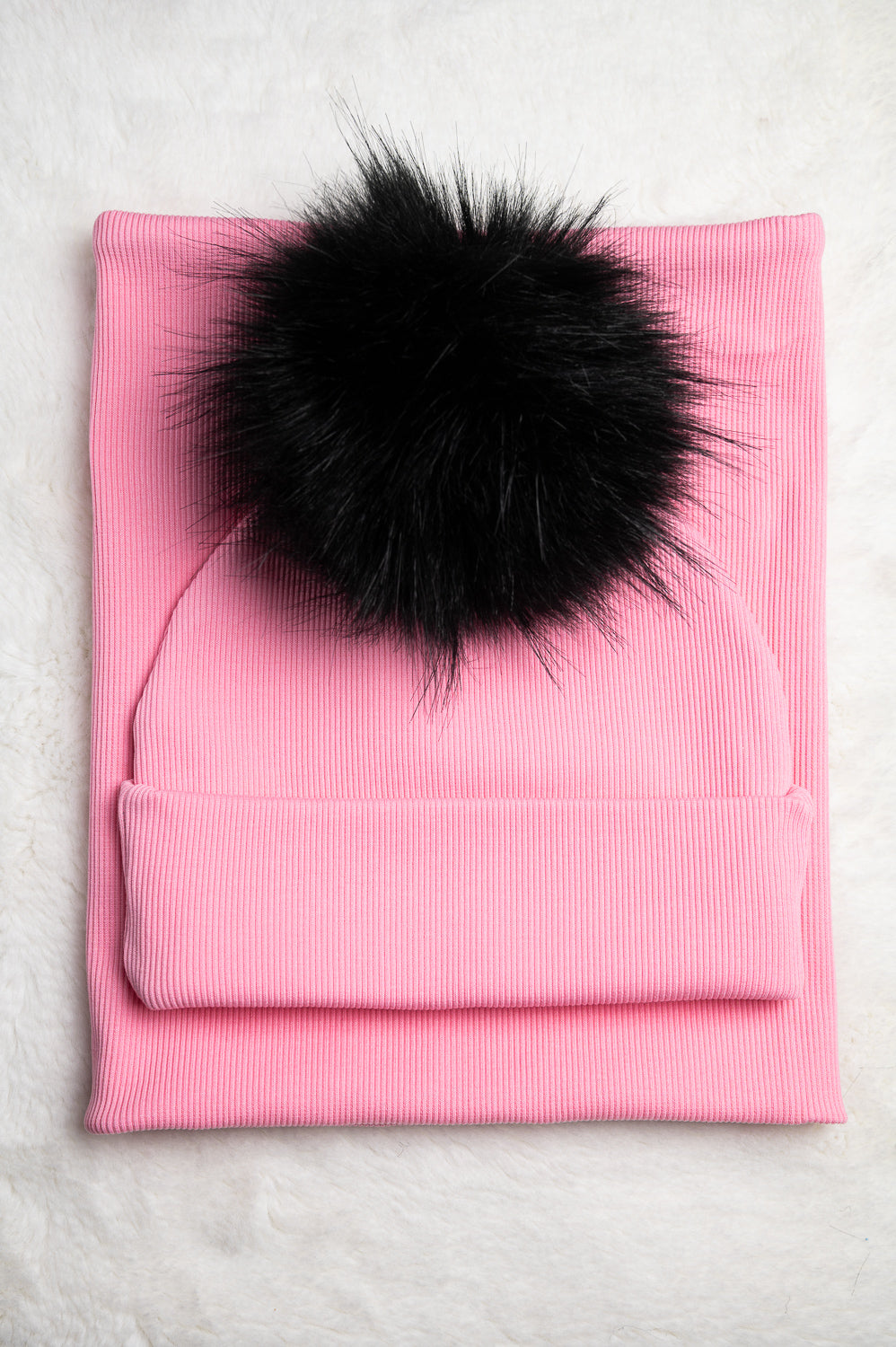 Handmade Hat and Scarf with Single Black Faux Fur Pom Pom