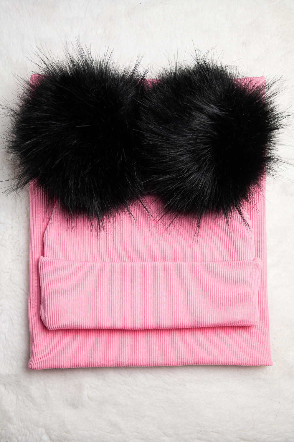 Handmade Hat and Scarf with Double Black Faux Fur Pom Pom