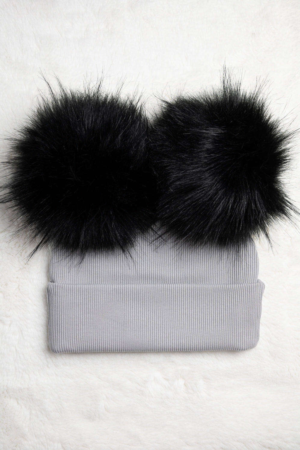 Handmade Hat with Double Black Faux Fur Pom Pom