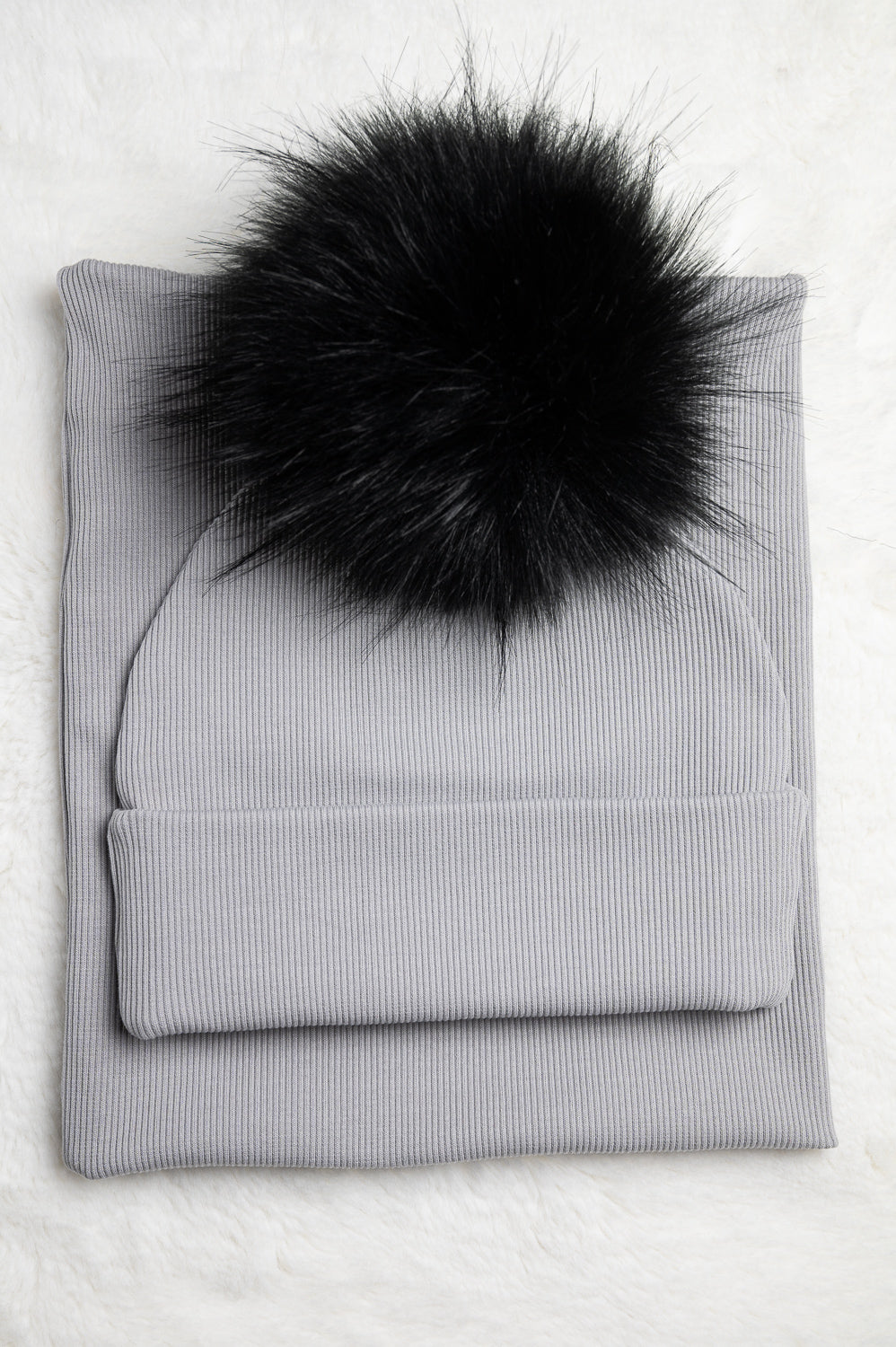 Handmade Hat and Scarf with Single Black Faux Fur Pom Pom