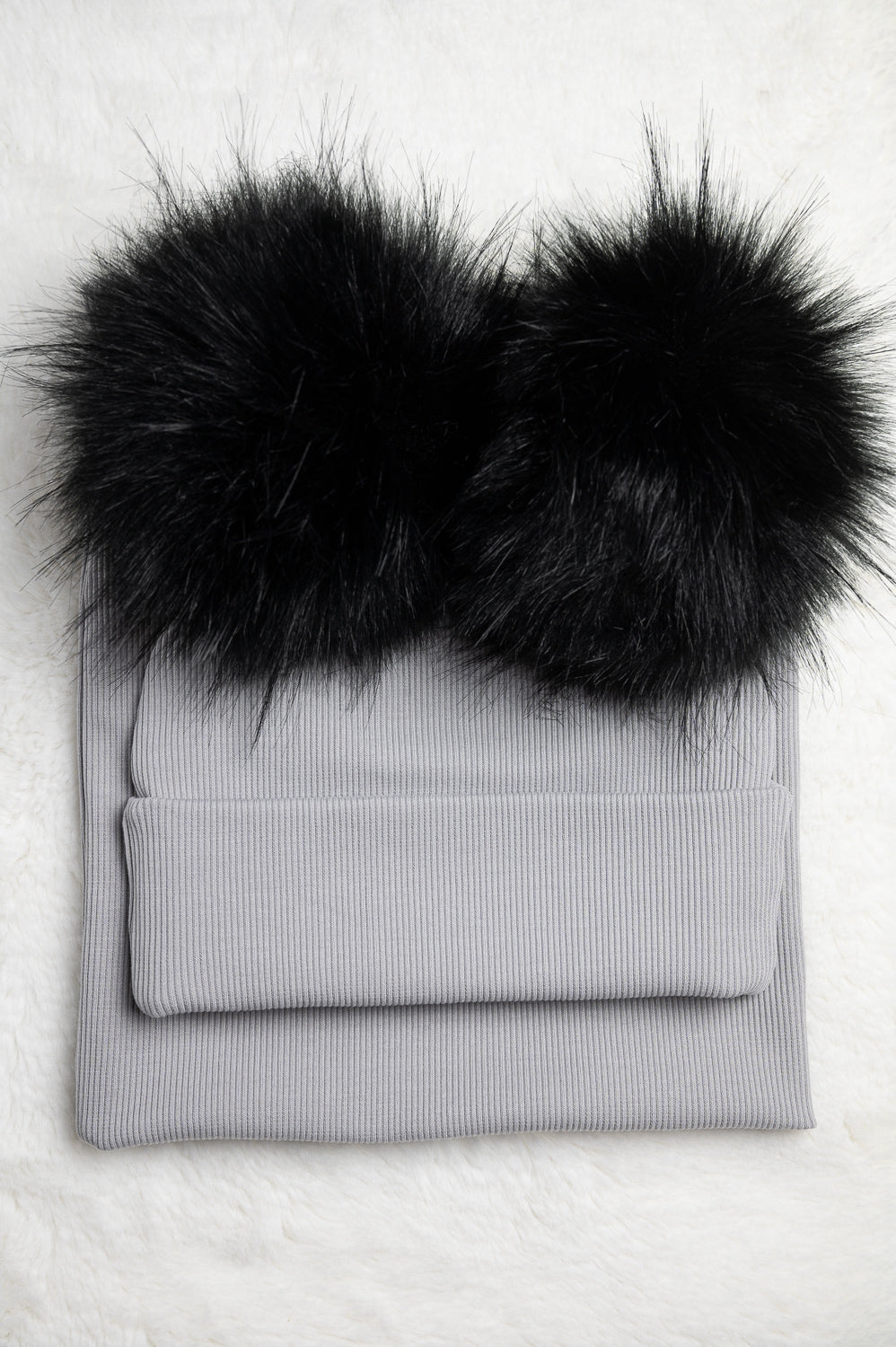 Handmade Hat and Scarf with Double Black Faux Fur Pom Pom