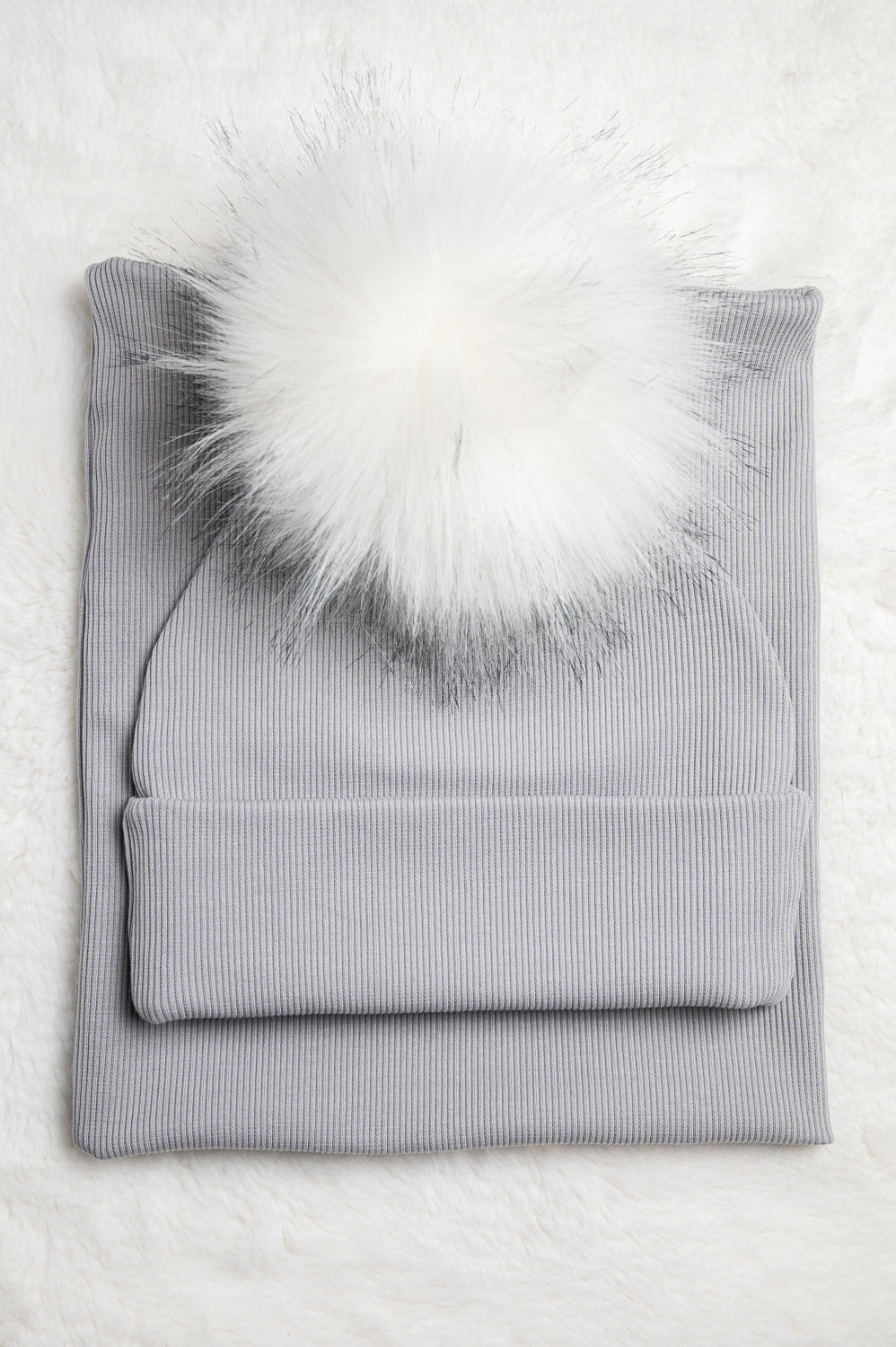 Handmade Hat and Scarf with Single White Faux Fur Pom Pom