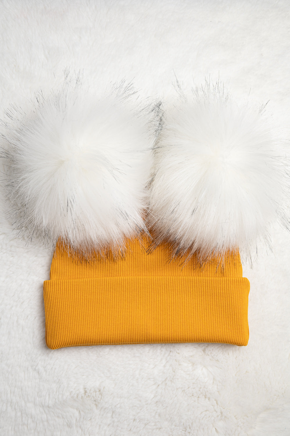 Handmade Hat with Double White Faux Fur Pom Pom