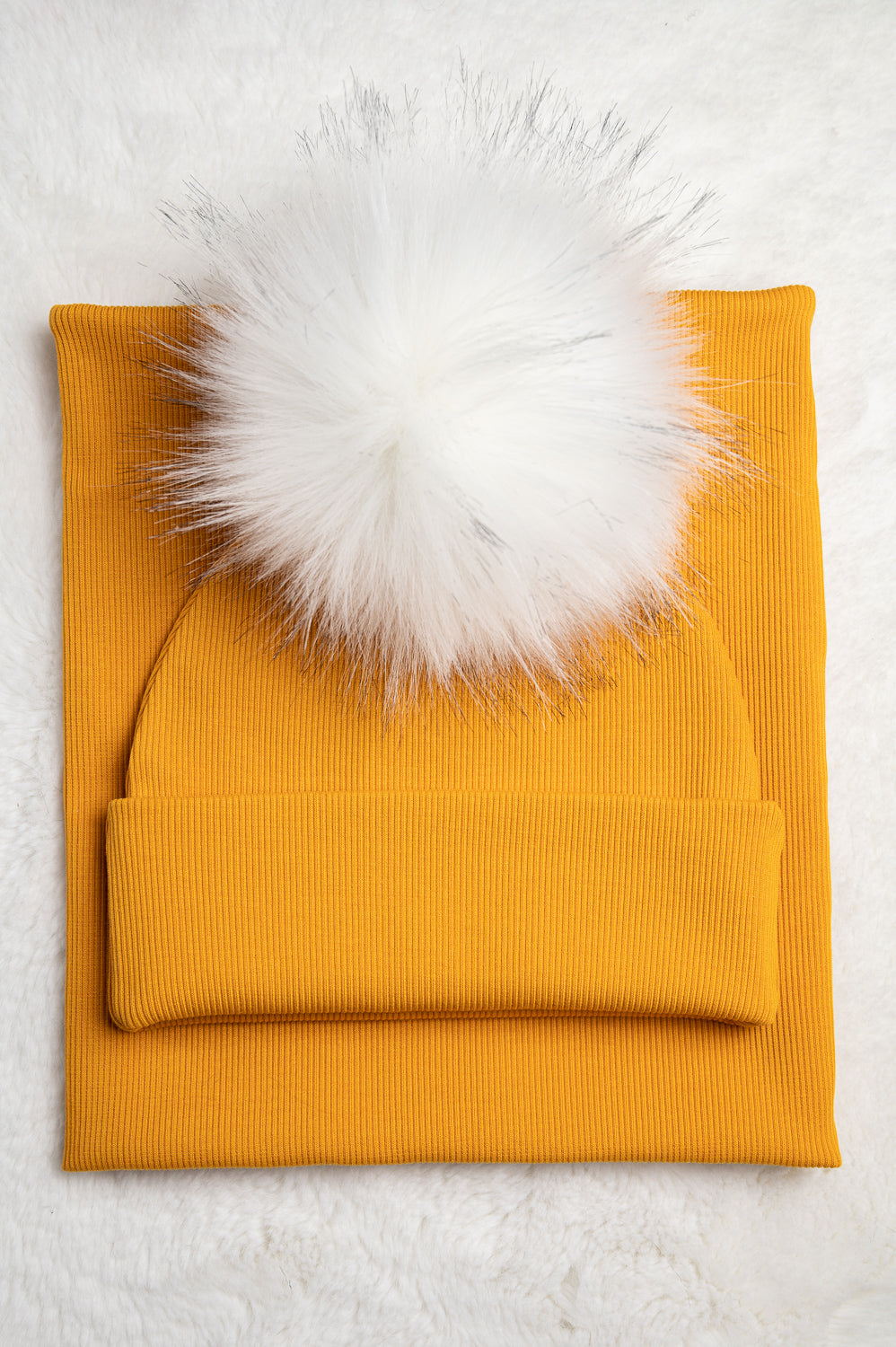 Handmade Hat and Scarf with Single White Faux Fur Pom Pom