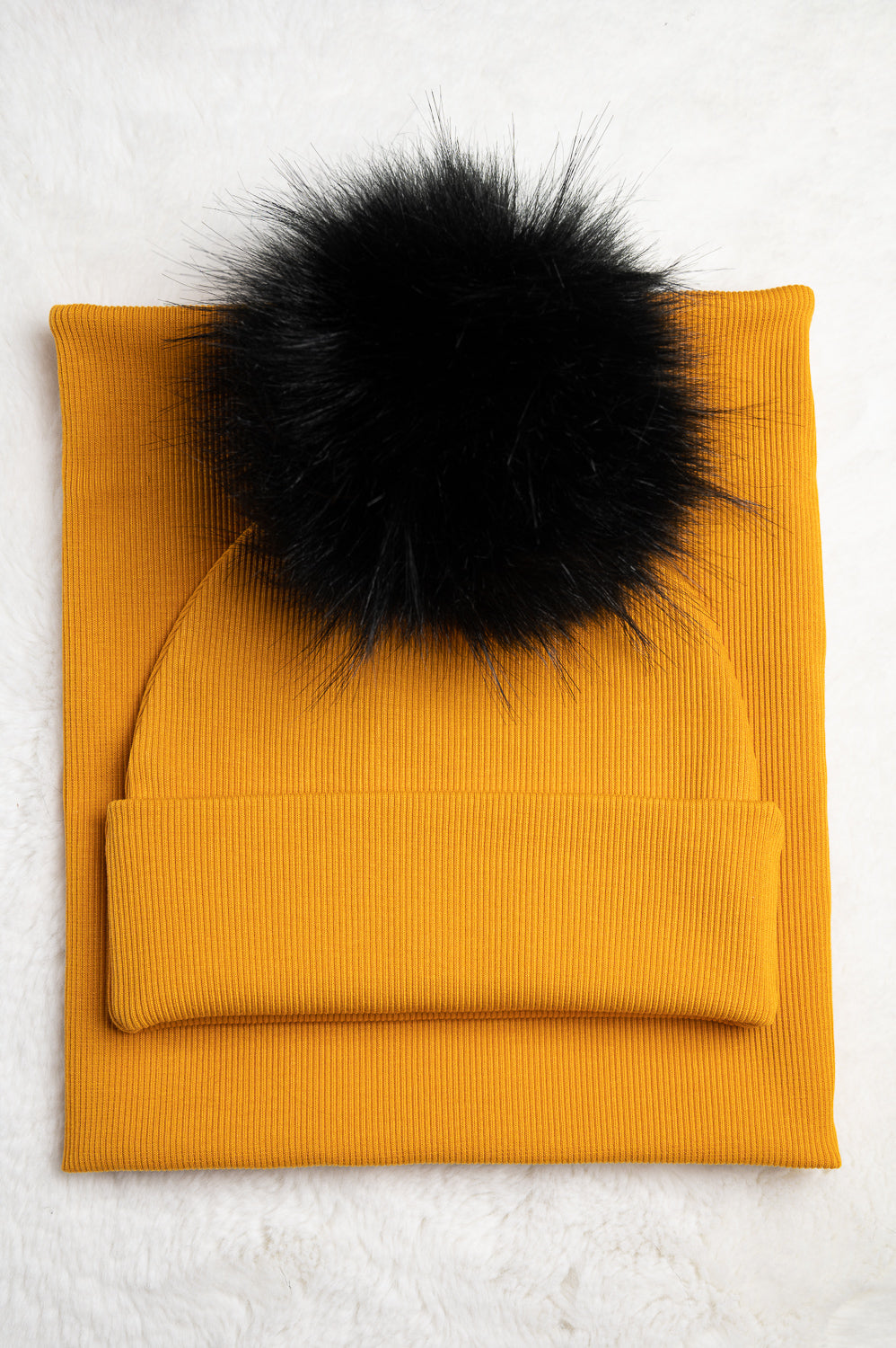 Handmade Hat and Scarf with Single Black Faux Fur Pom Pom