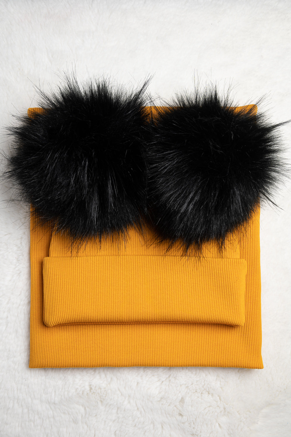 Handmade Hat and Scarf with Double Black Faux Fur Pom Pom