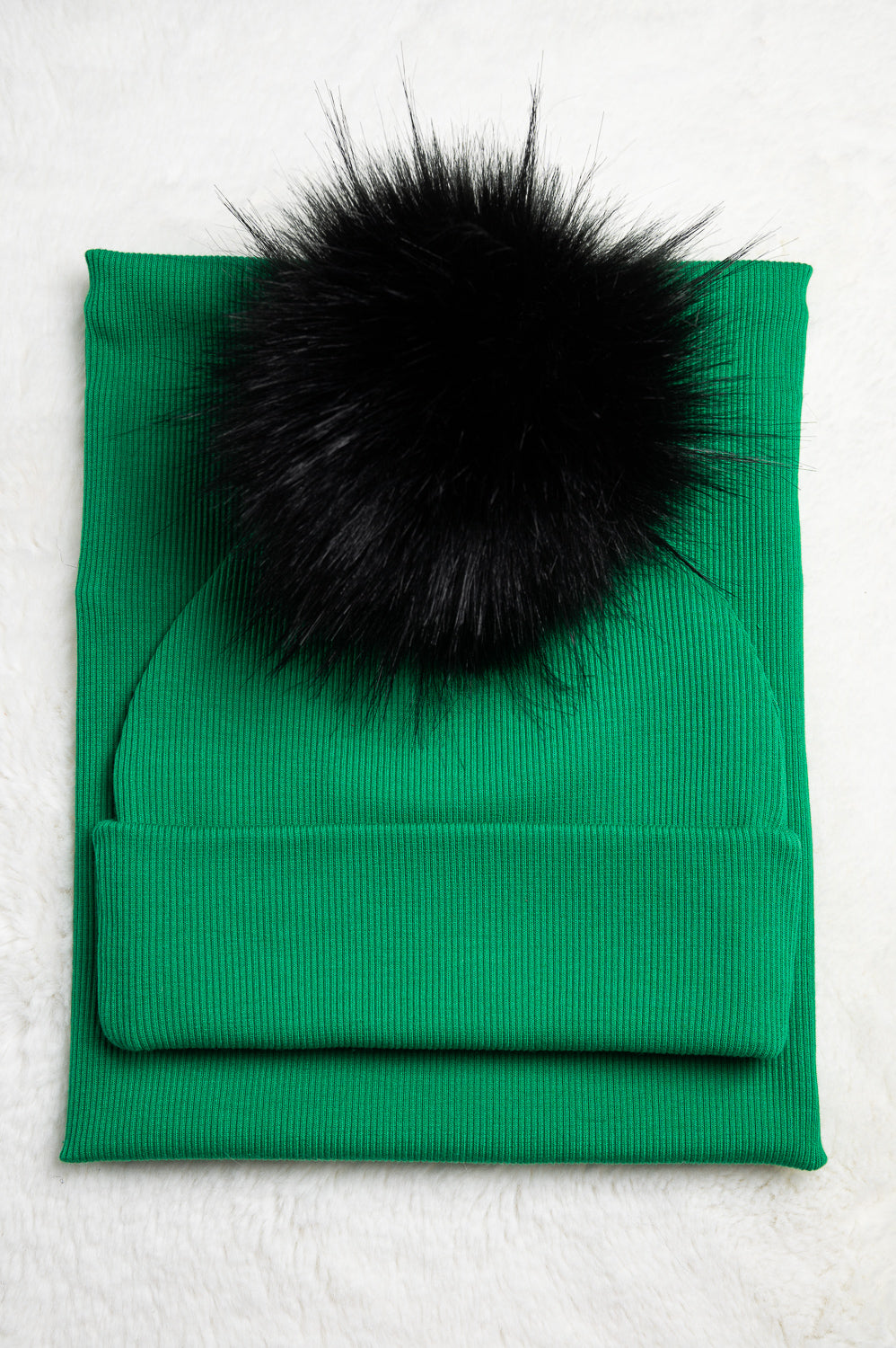 Handmade Hat and Scarf with Single Black Faux Fur Pom Pom