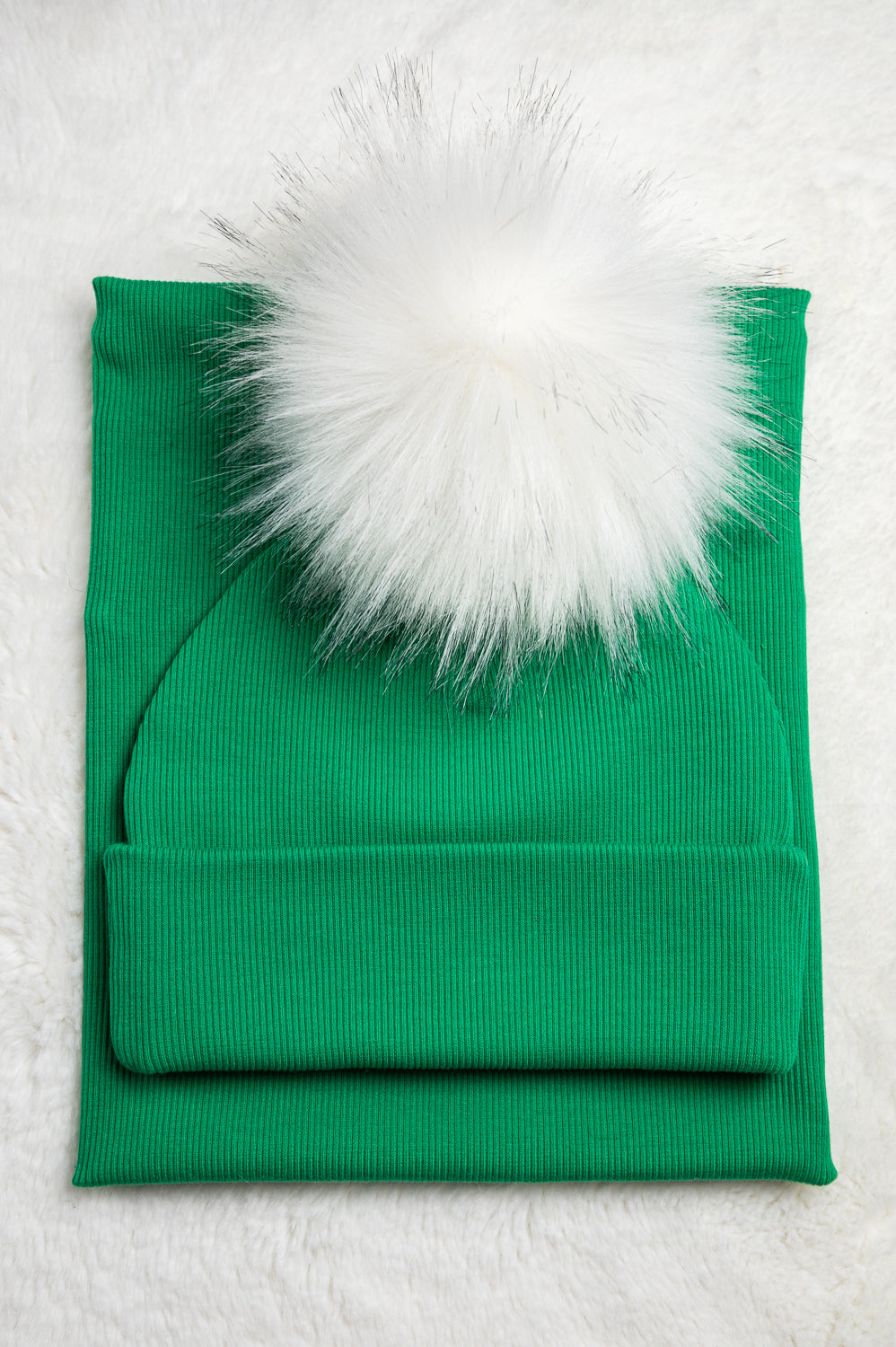 Handmade Hat and Scarf with Single White Faux Fur Pom Pom