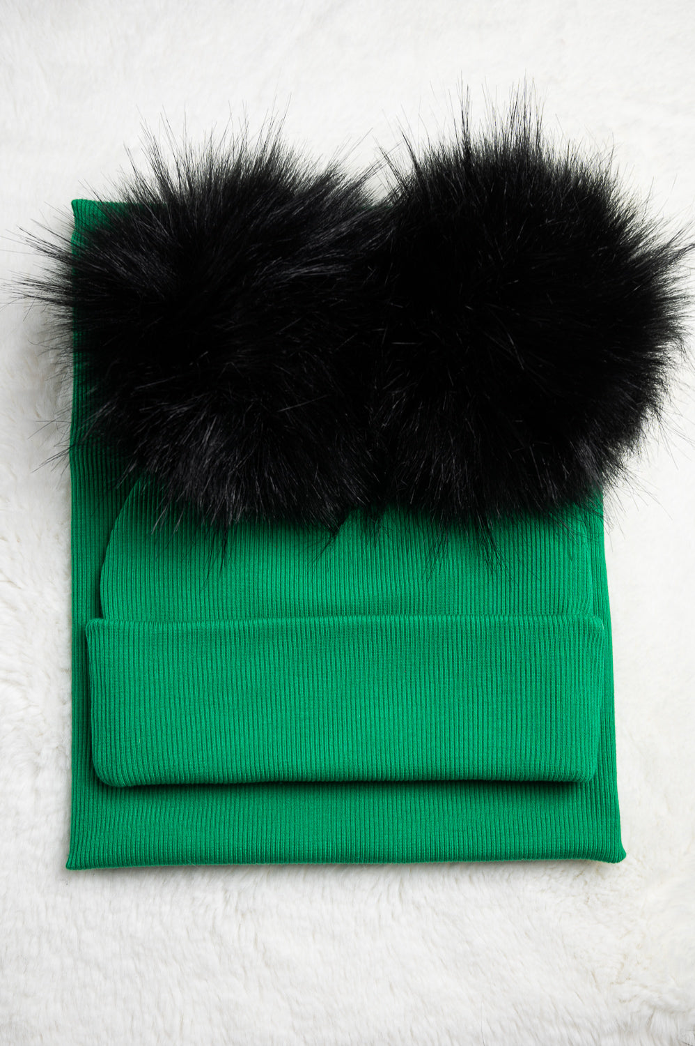 Handmade Hat and Scarf with Double Black Faux Fur Pom Pom