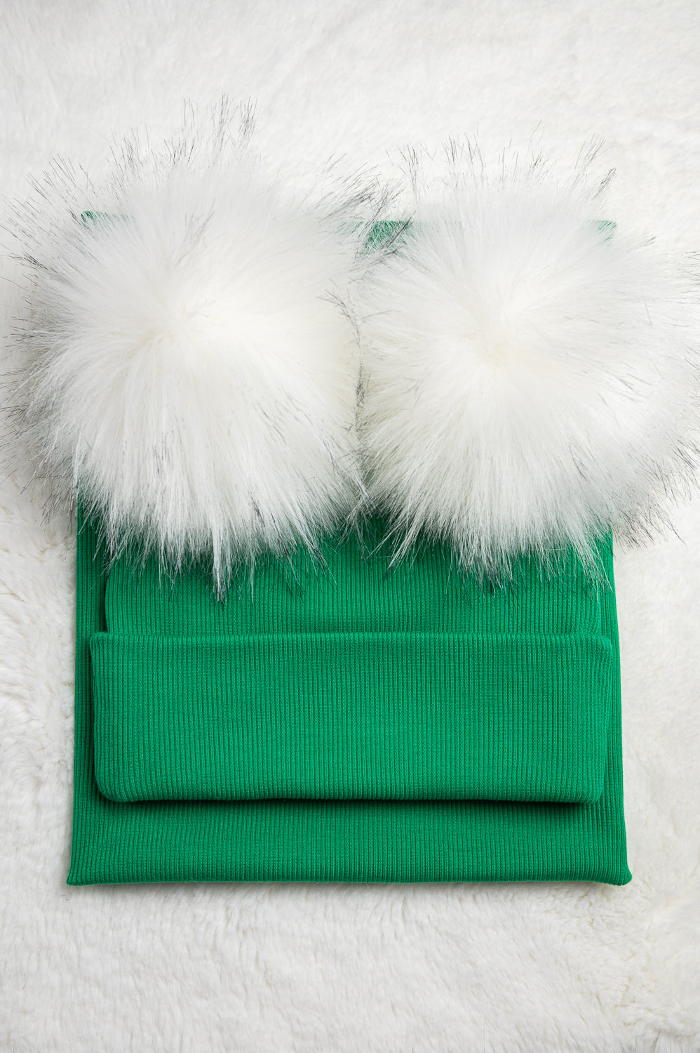 Handmade Hat and Scarf with Double Withe Faux Fur Pom Pom