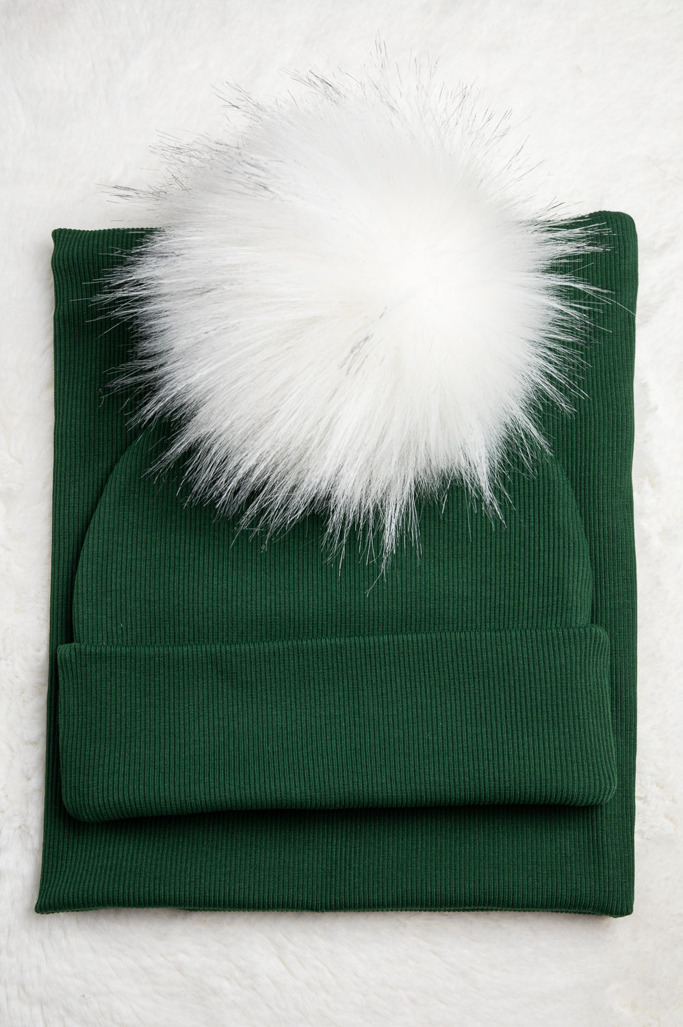 Handmade Hat and Scarf with Single White Faux Fur Pom Pom