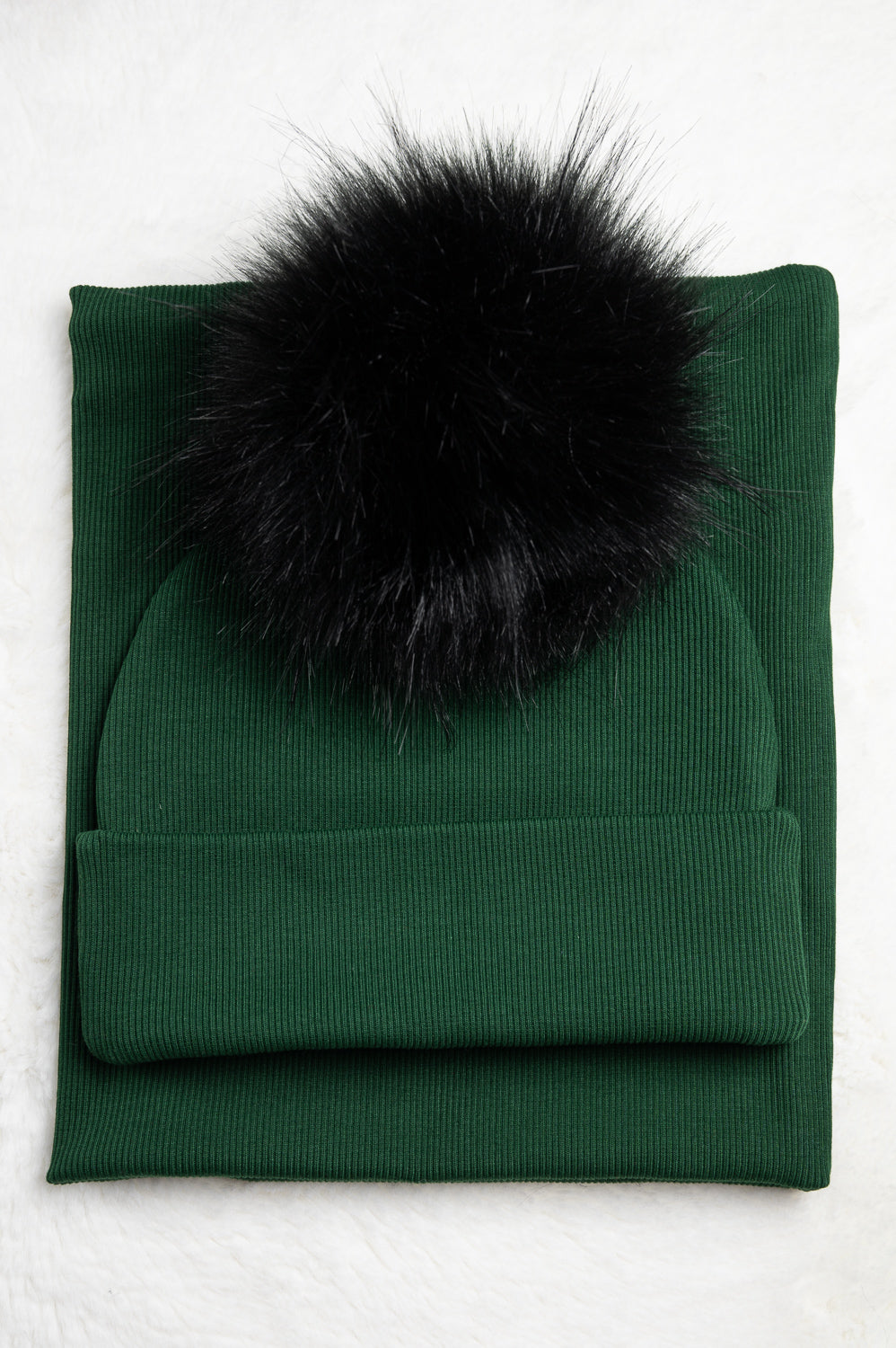 Handmade Hat and Scarf with Single Black Faux Fur Pom Pom