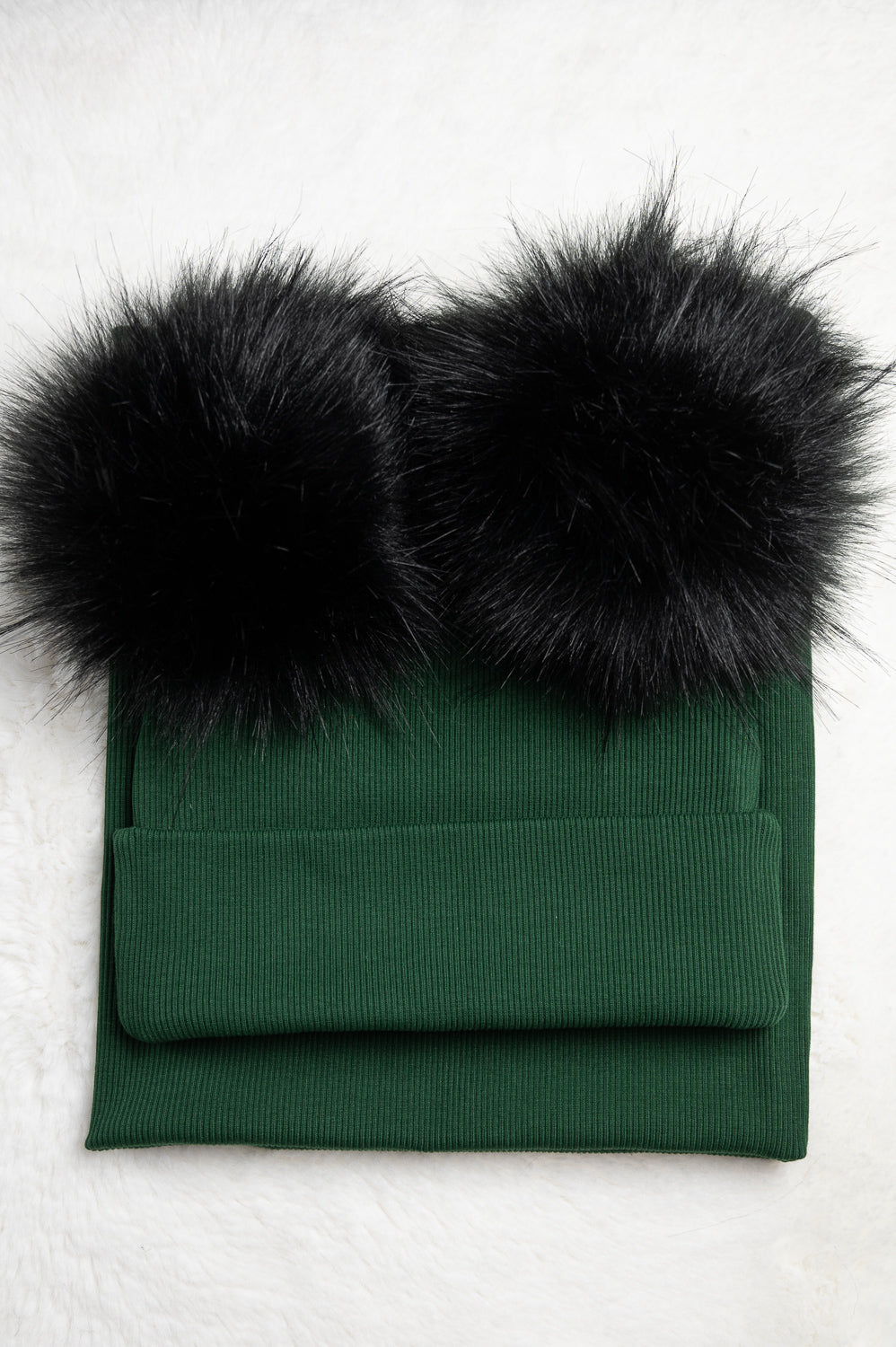 Handmade Hat and Scarf with Double Black Faux Fur Pom Pom