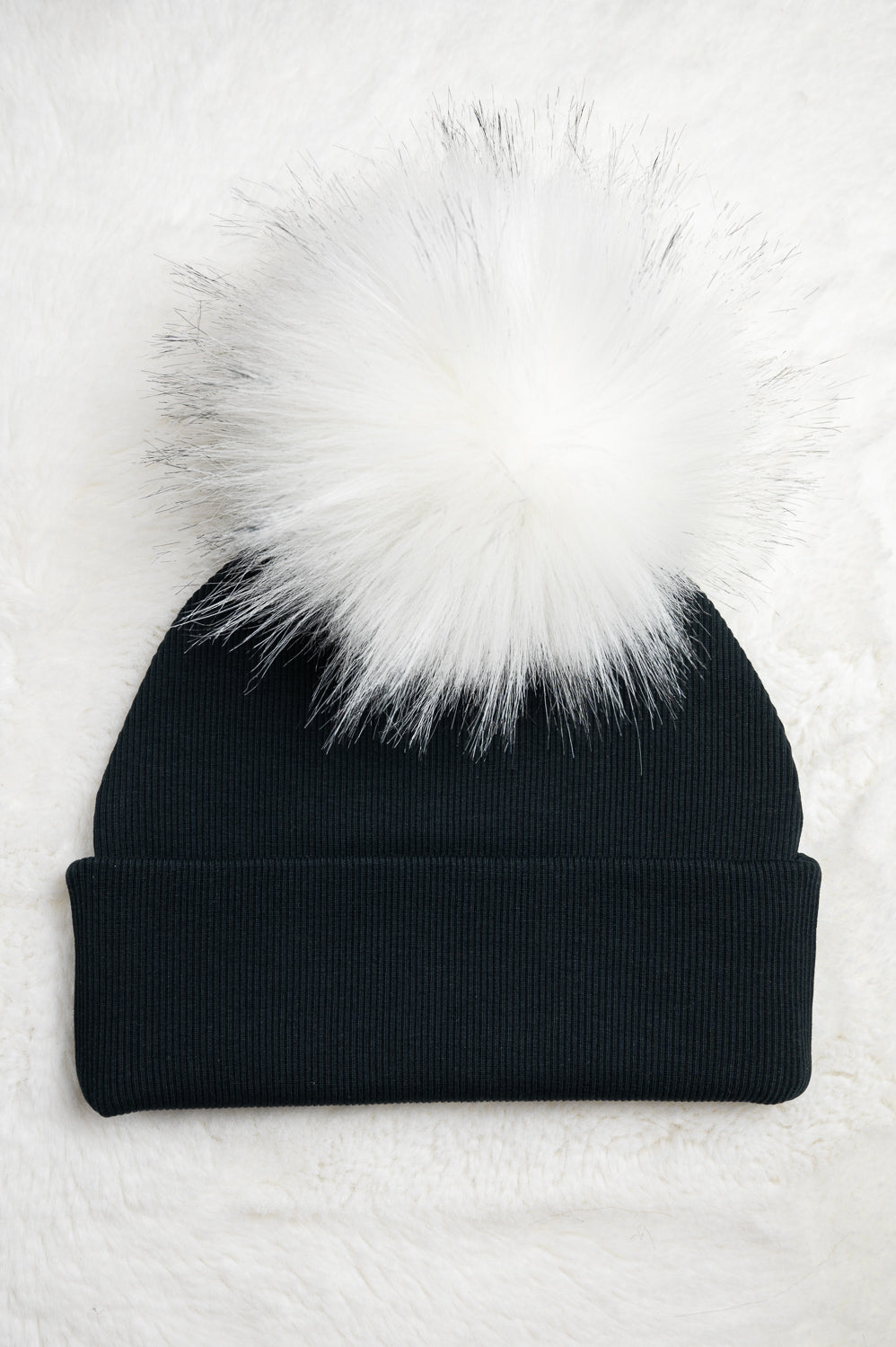 Handmade Hat with Single White Faux Fur Pom Pom