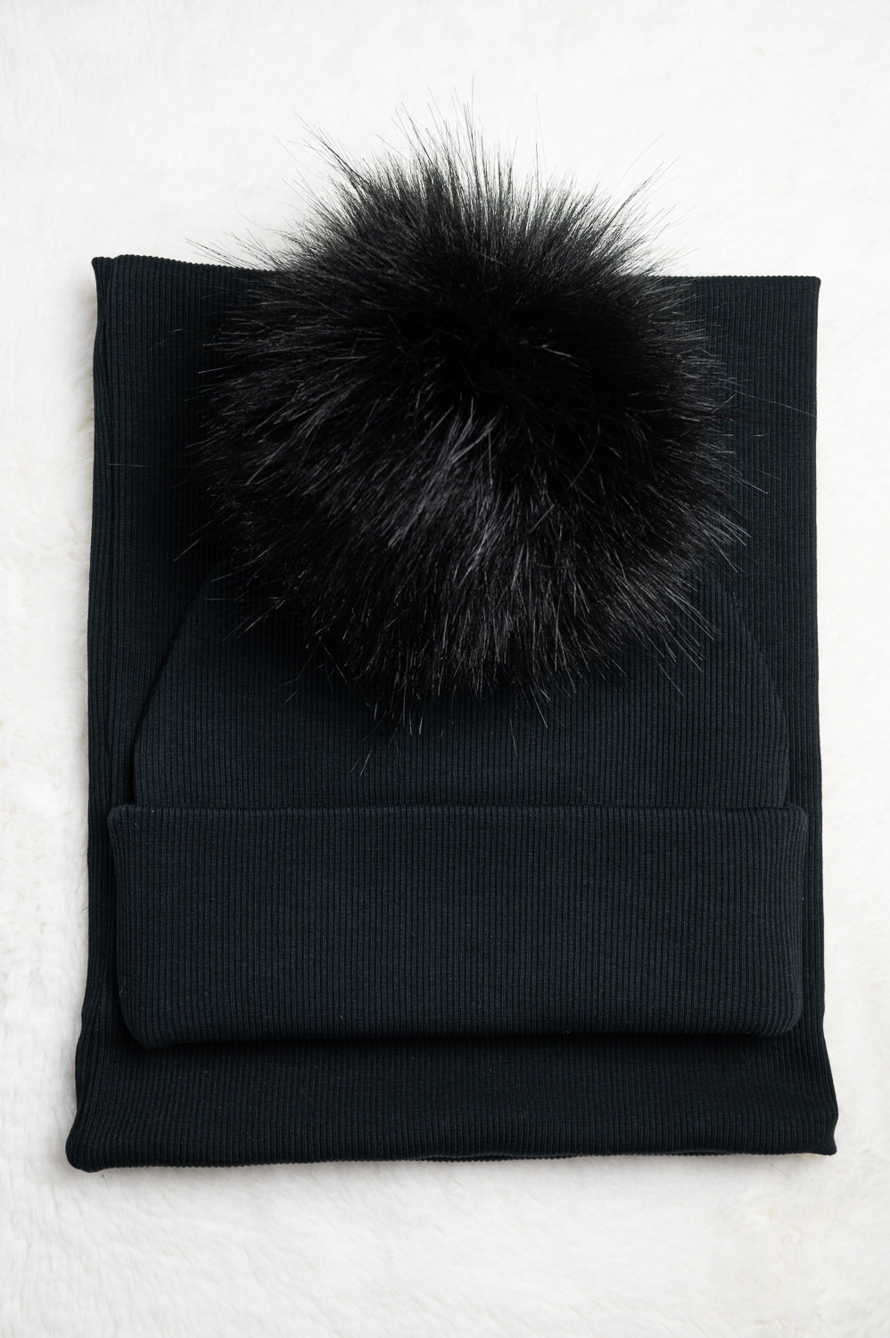 Handmade Hat and Scarf with Single Black Faux Fur Pom Pom