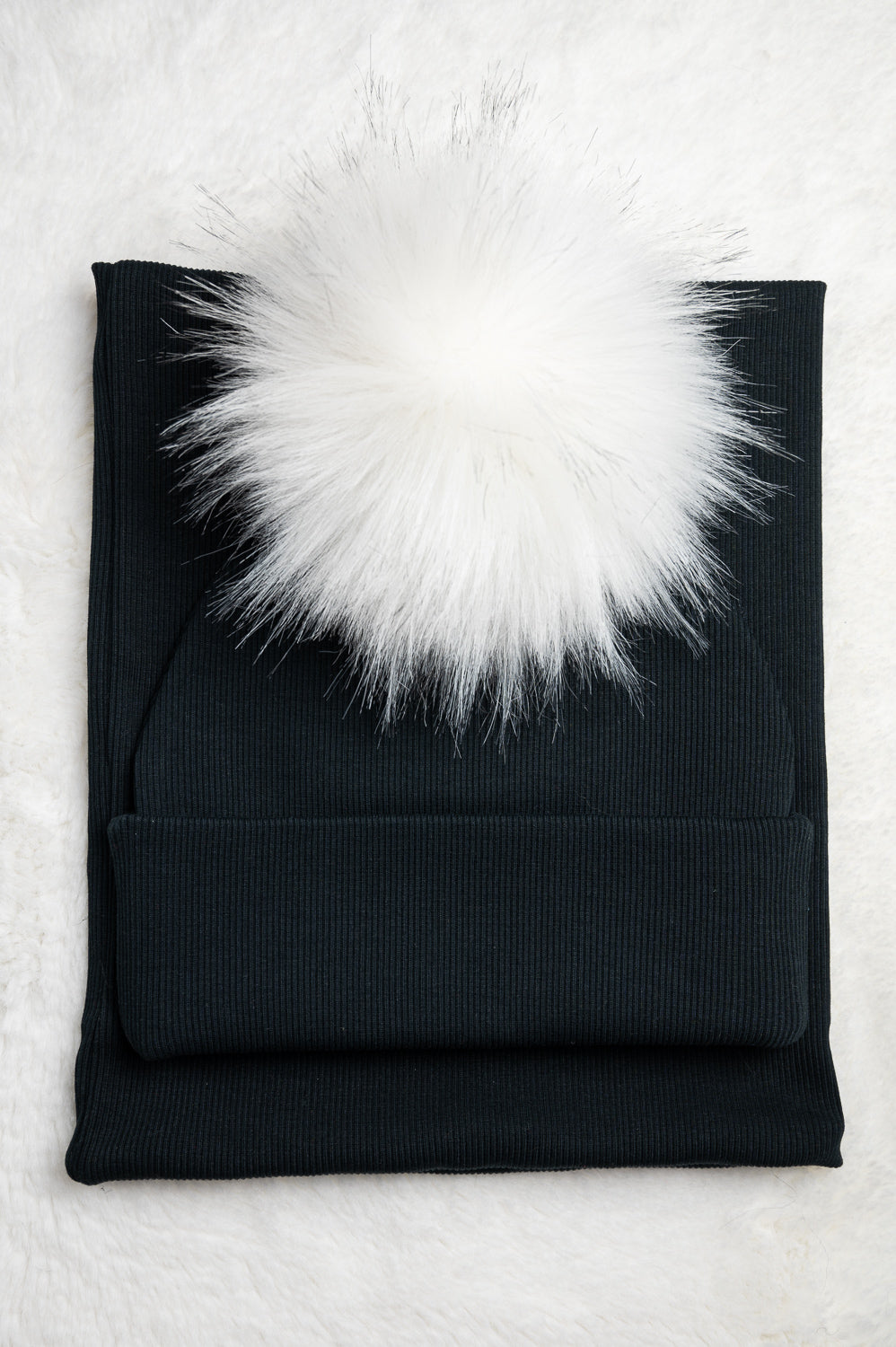 Handmade Hat and Scarf with Single White Faux Fur Pom Pom