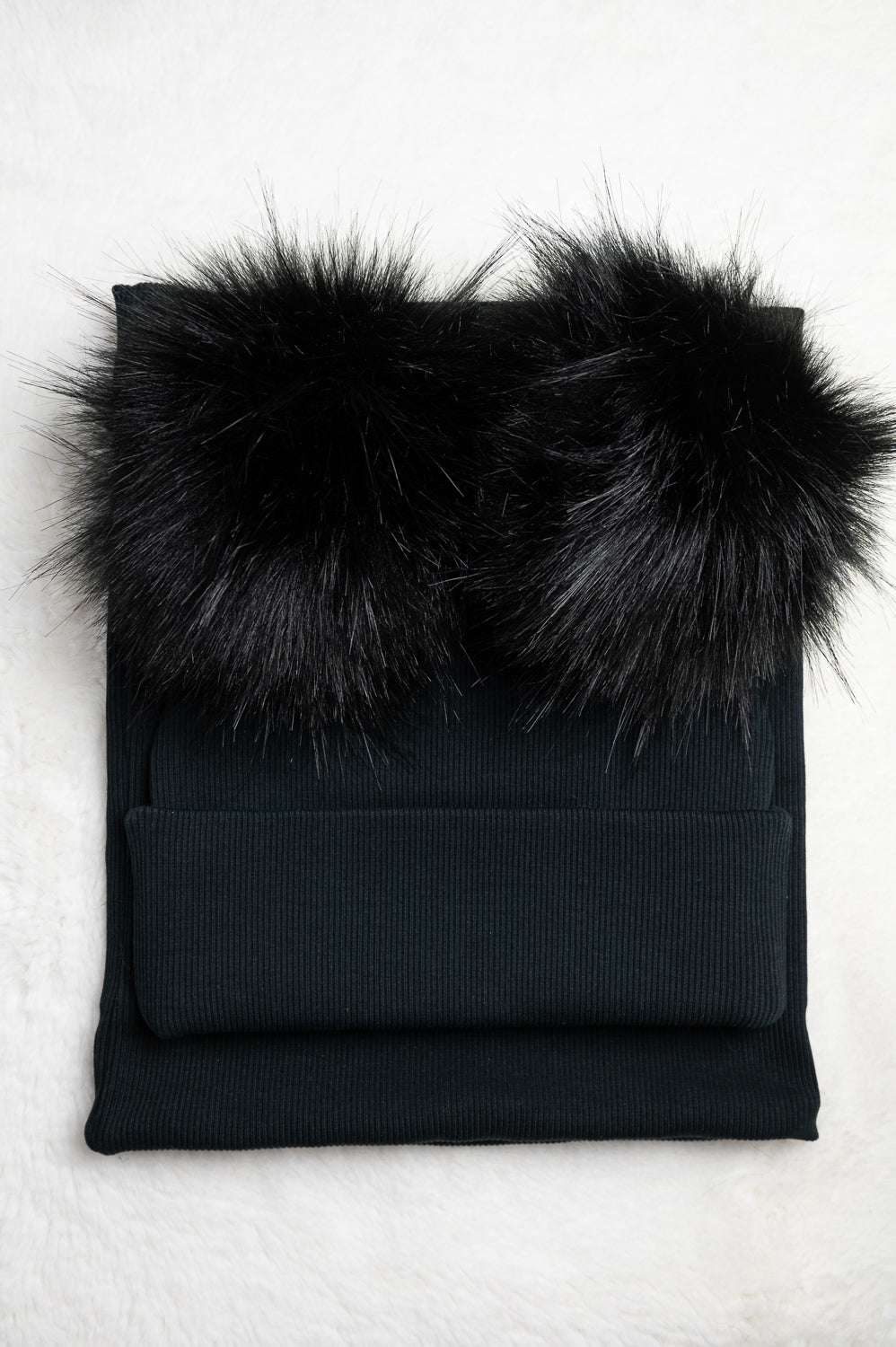 Handmade Hat and Scarf with Double Black Faux Fur Pom Pom