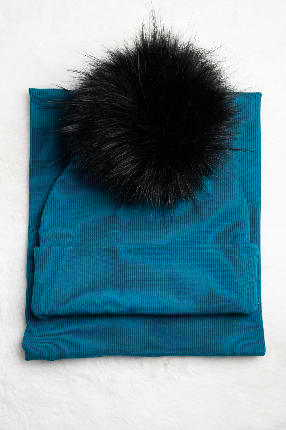 Handmade Hat and Scarf with Single Black Faux Fur Pom Pom