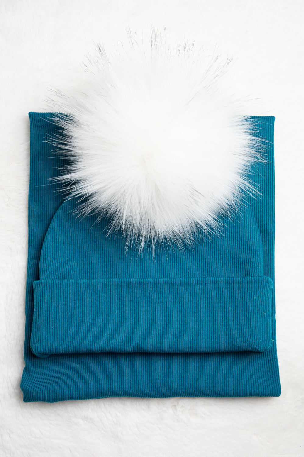 Handmade Hat and Scarf with Single White Faux Fur Pom Pom