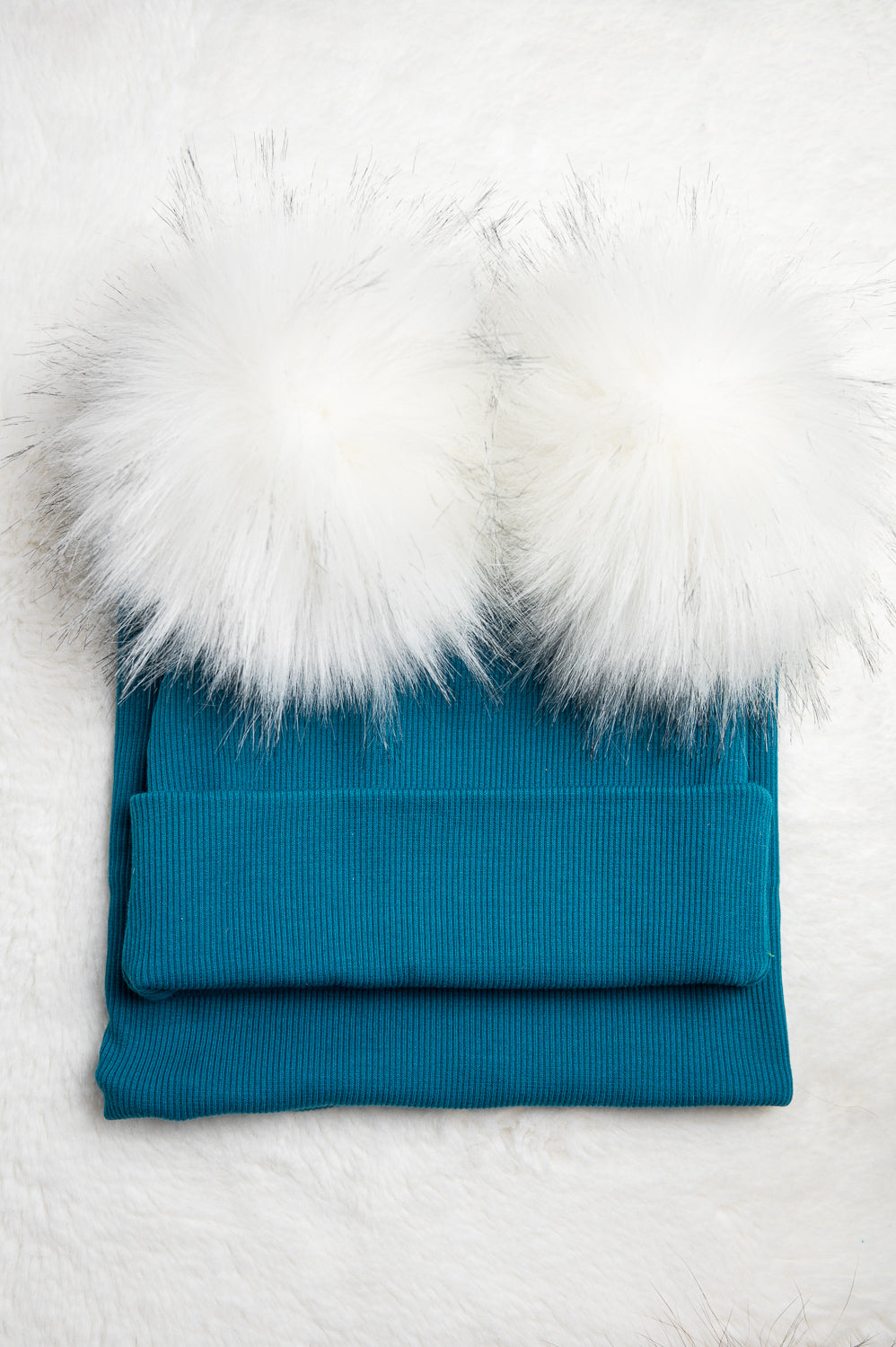 Handmade Hat and Scarf with Double Withe Faux Fur Pom Pom