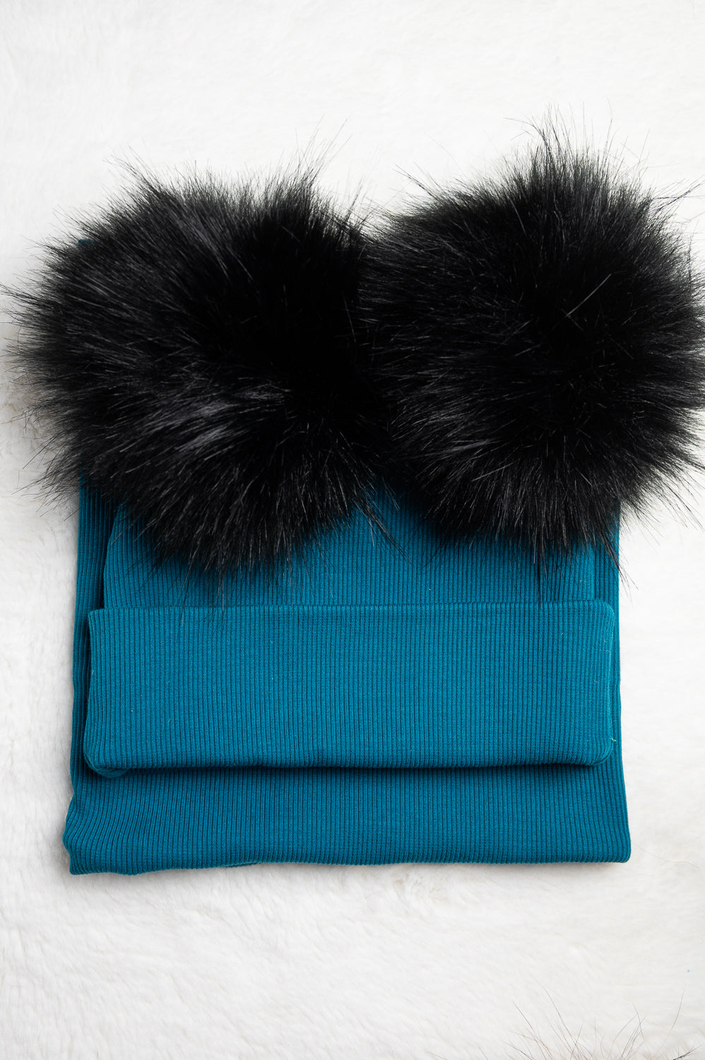 Handmade Hat and Scarf with Double Black Faux Fur Pom Pom