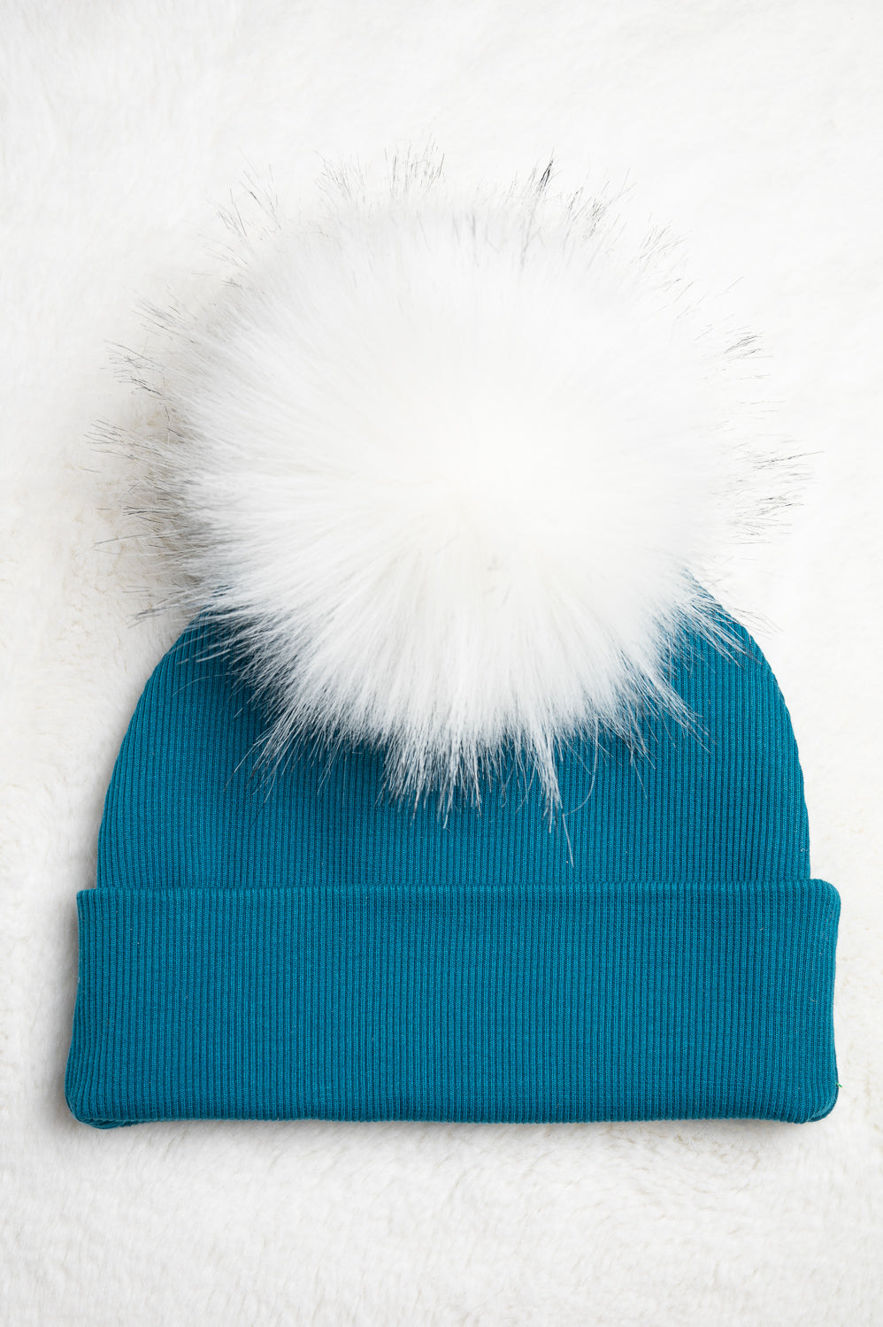 Handmade Hat with Single White Faux Fur Pom Pom