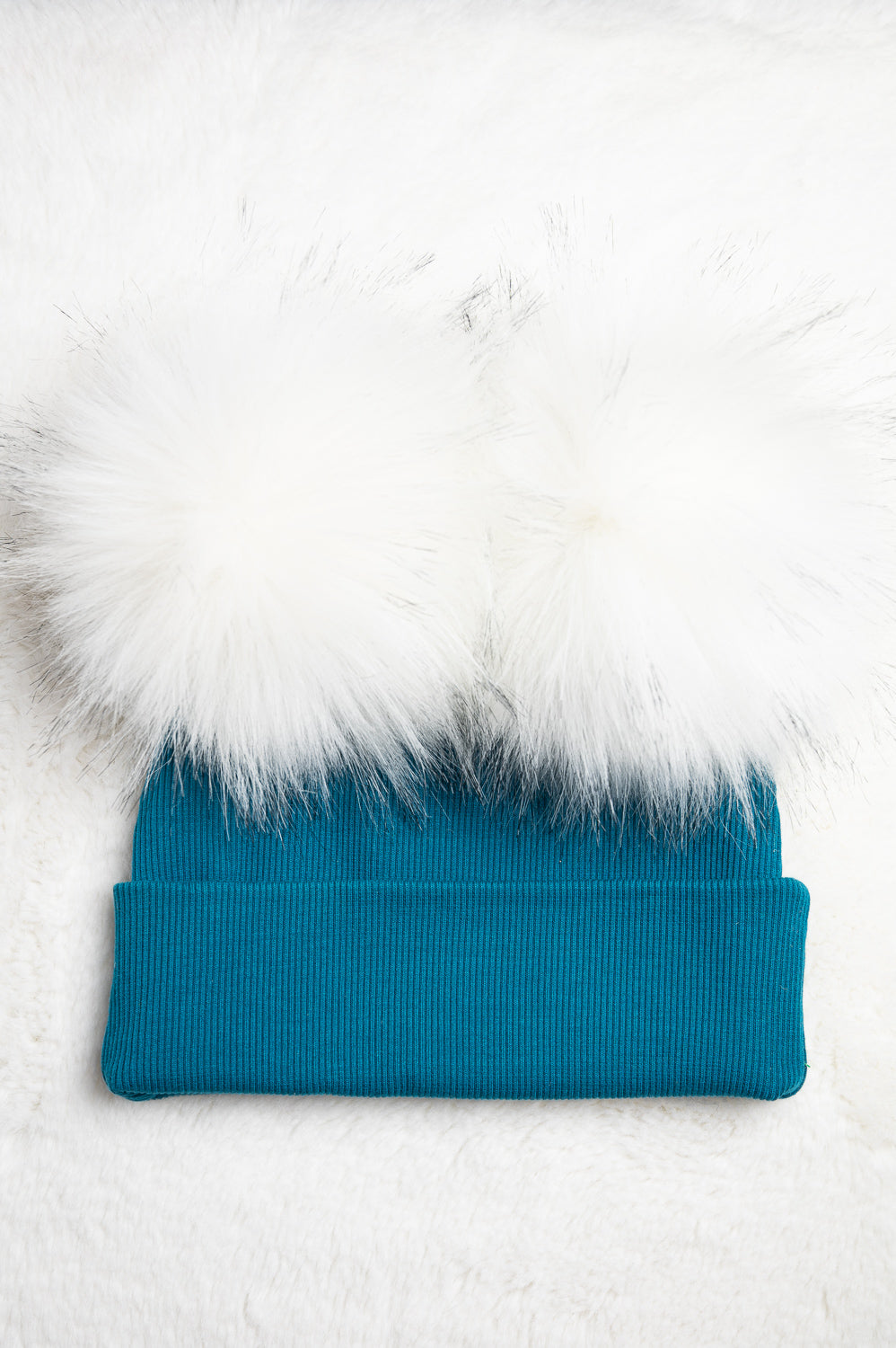 Handmade Hat with Double White Faux Fur Pom Pom