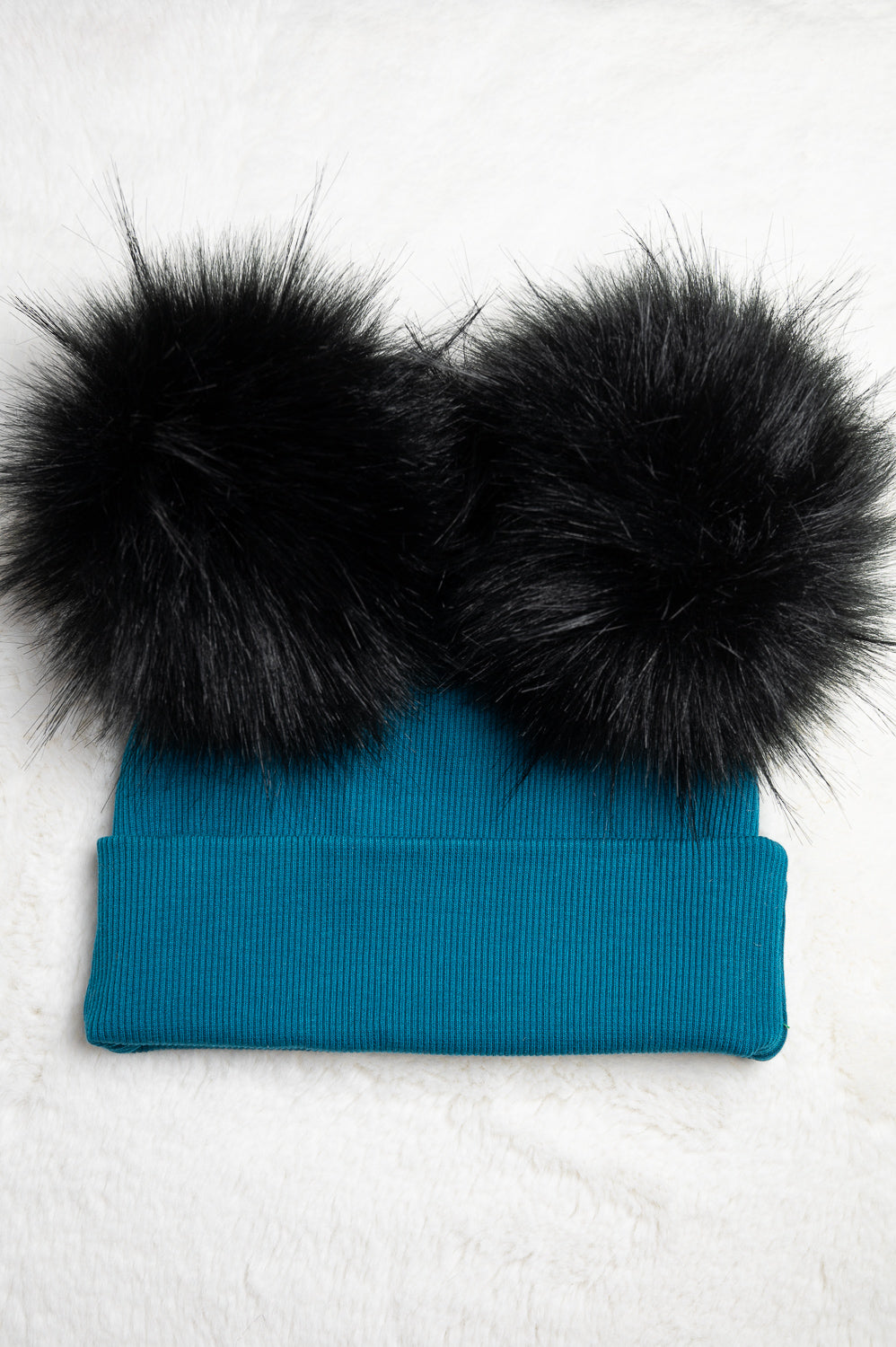 Handmade Hat with Double Black Faux Fur Pom Pom