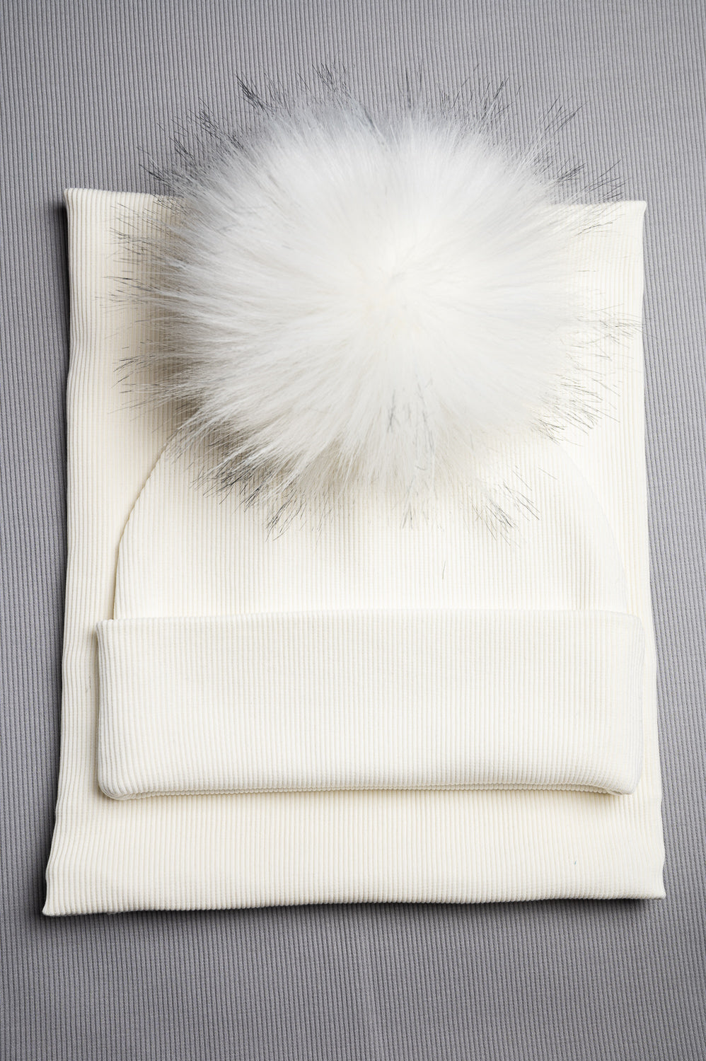 Handmade Hat and Scarf with Single White Faux Fur Pom Pom