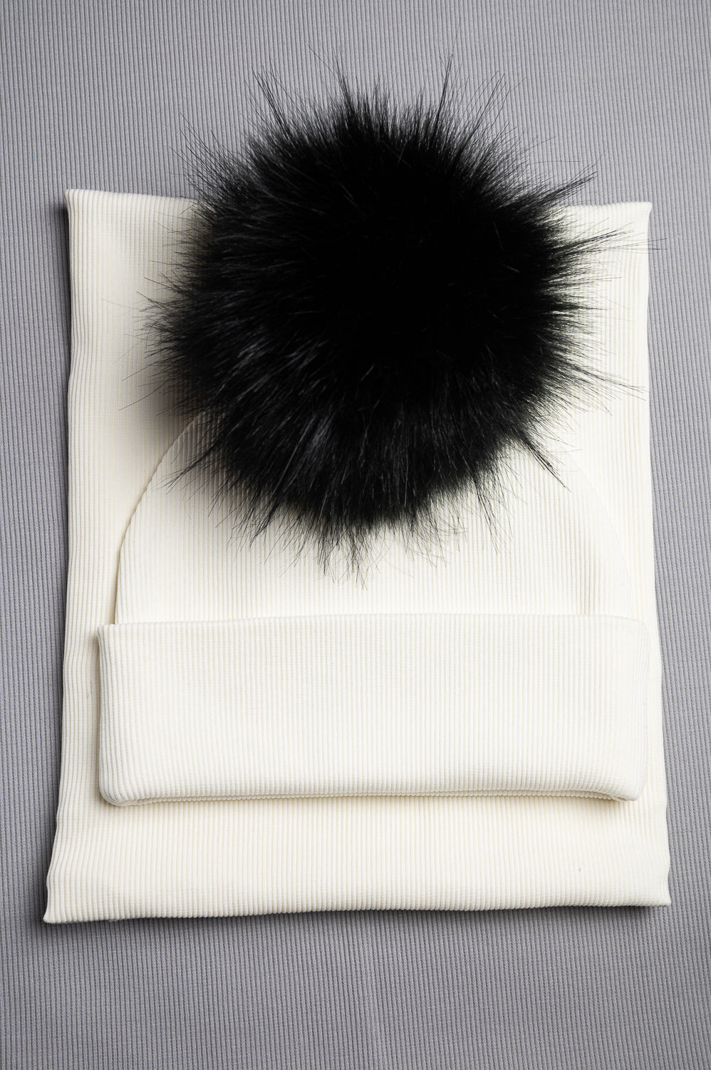 Handmade Hat and Scarf with Single Black Faux Fur Pom Pom