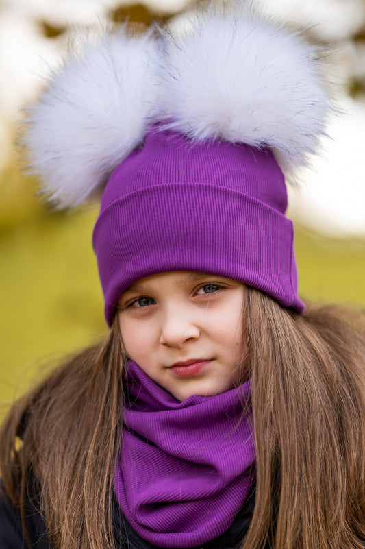 Handmade Hat and Scarf with Double Withe Faux Fur Pom Pom