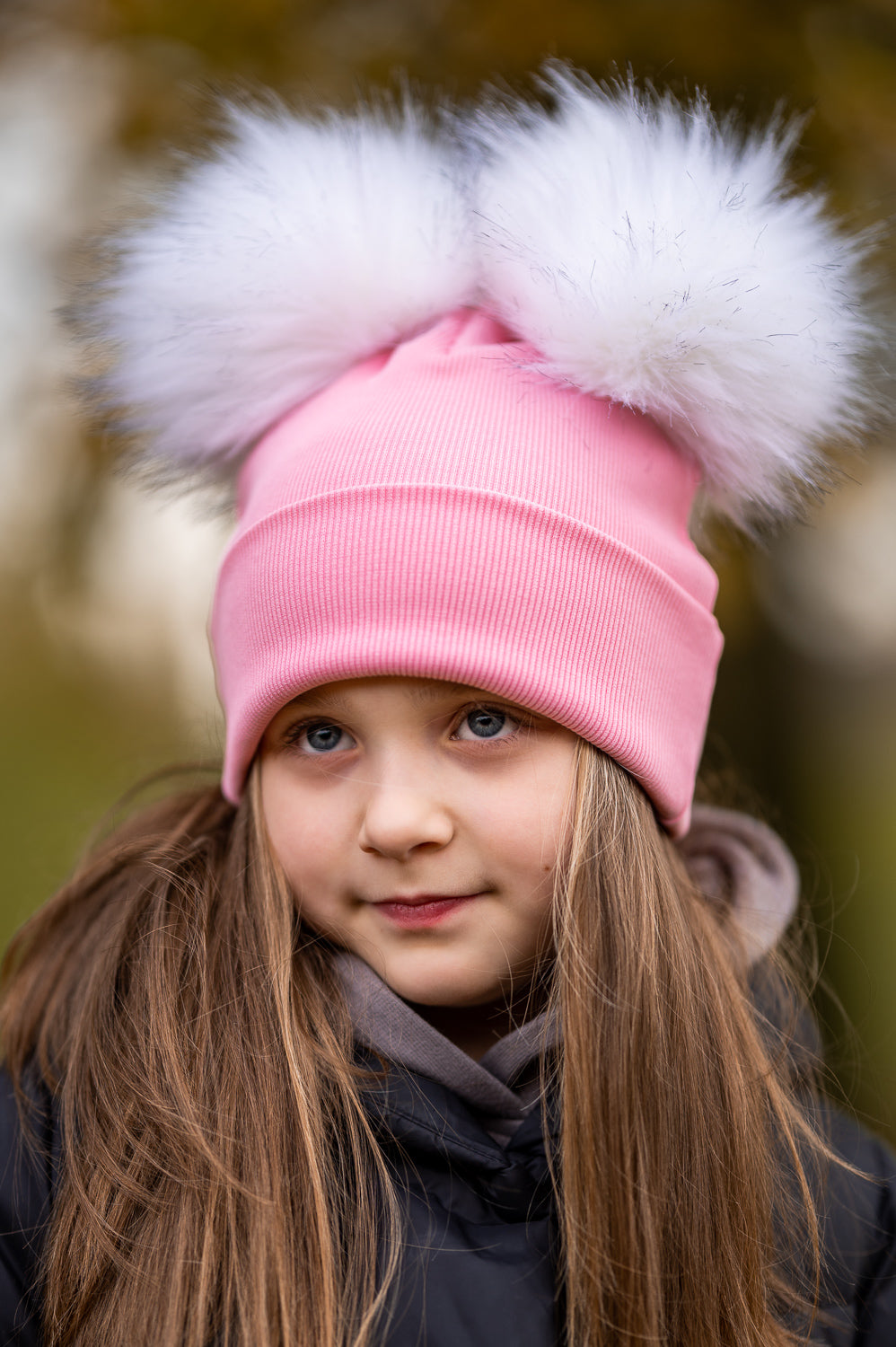 Handmade Hat with Double White Faux Fur Pom Pom