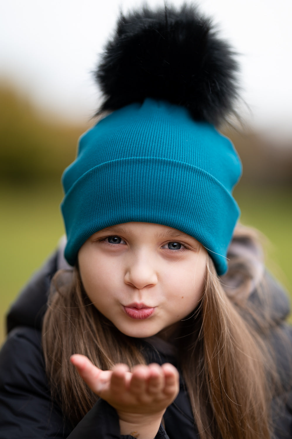 Handmade Hat with Single Black Faux Fur Pom Pom