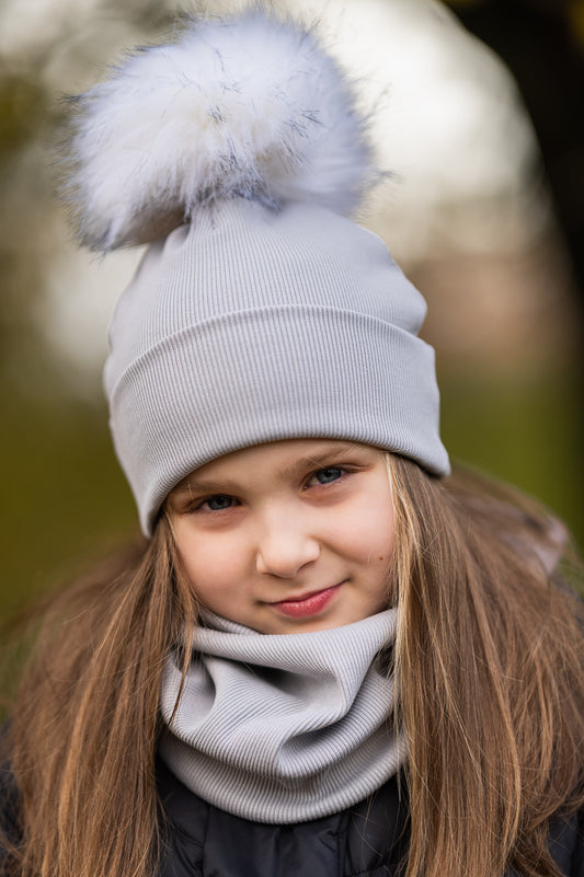 Handmade Hat and Scarf with Single White Faux Fur Pom Pom